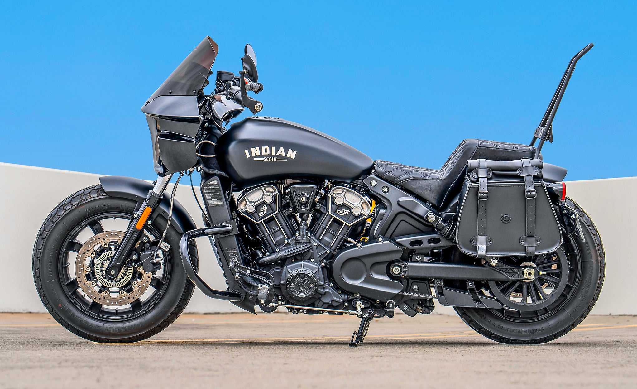 30L - SpiritBlade Roll-Top Large Indian Scout Rogue Sixty Motorcycle Leather Saddlebags Lifestyle @expand