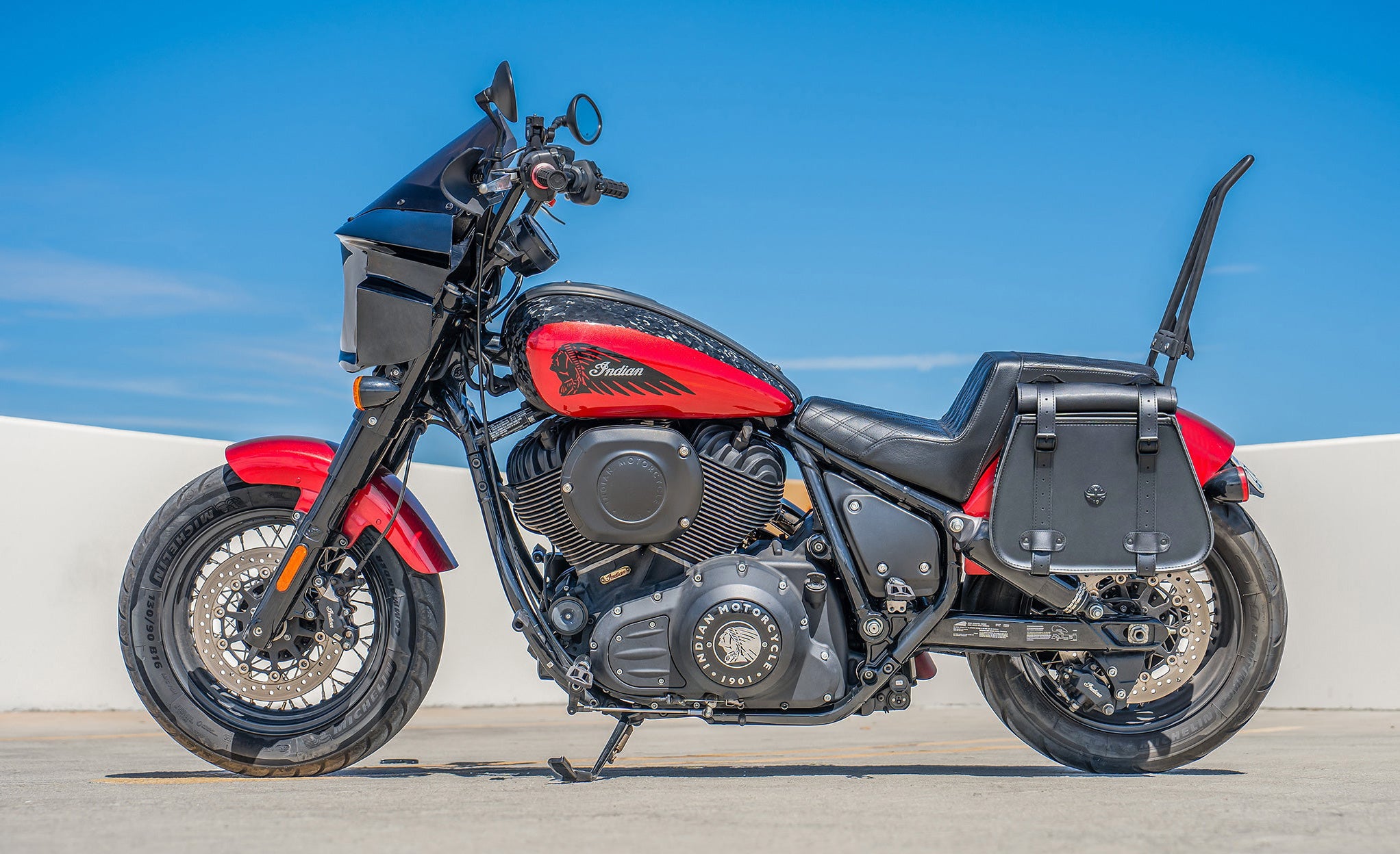 30L - SpiritBlade Roll-Top Large Indian Super Chief Motorcycle Leather Saddlebags Lifestyle @expand