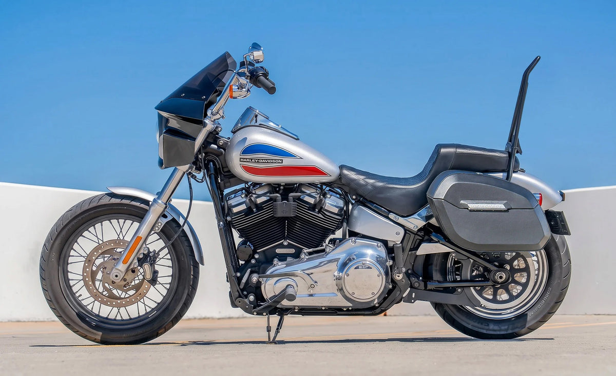 32L - Darkin Large Quick Mount Leather Wrapped Hard Saddlebags for Harley Softail Super Glide FXD Lifestyle @expand