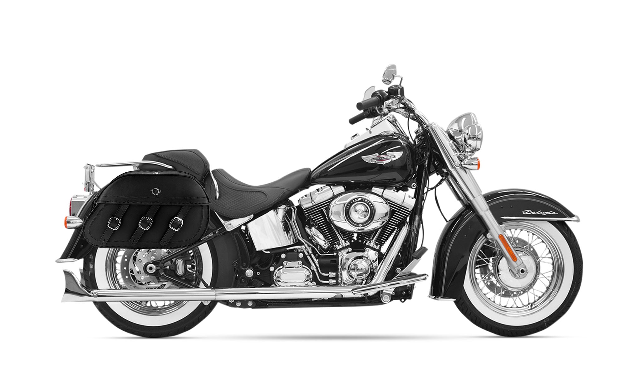 34L - Trianon Extra Large Leather Motorcycle Saddlebags for Harley Softail Heritage FLSTICCI on Bike Photo @expand