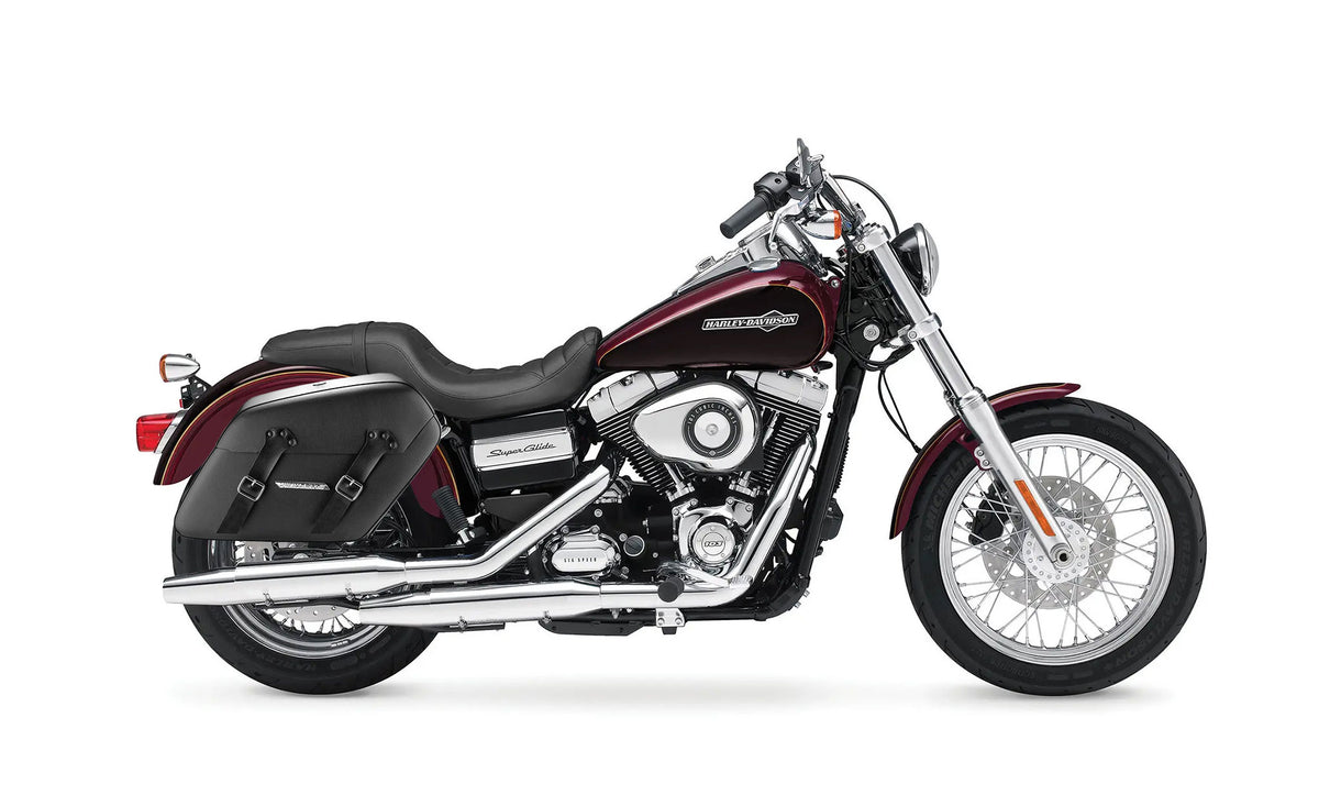 38L - Baldur XL Shock Cut-out Leather Wrapped Hard Saddlebags for Harley Dyna Super Glide Custom FXDC/I Bag on Bike @expand