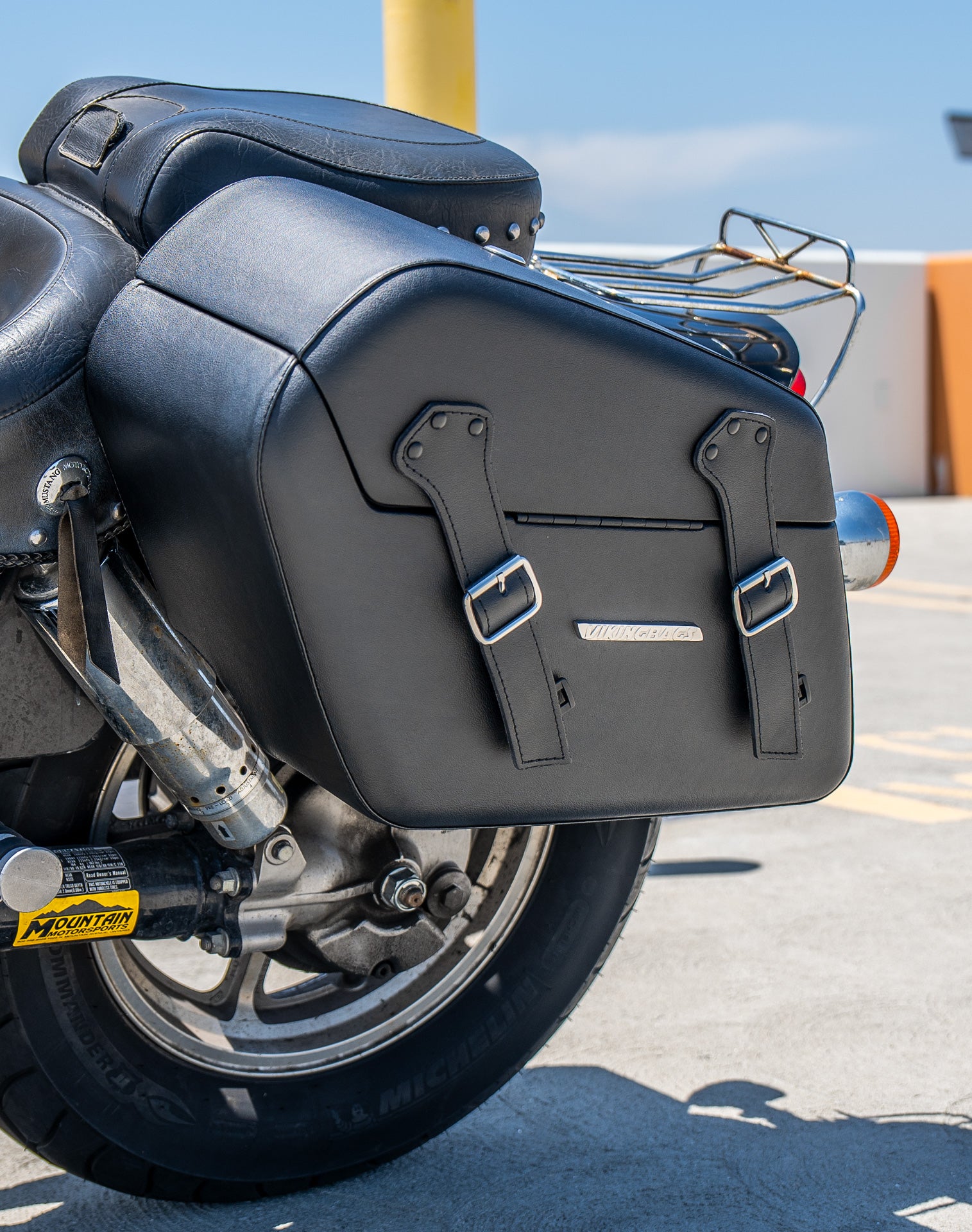 38L - Baldur XL Shock Cutout Honda Shadow 1100 Spirit Leather Wrapped Hard Saddlebags v3