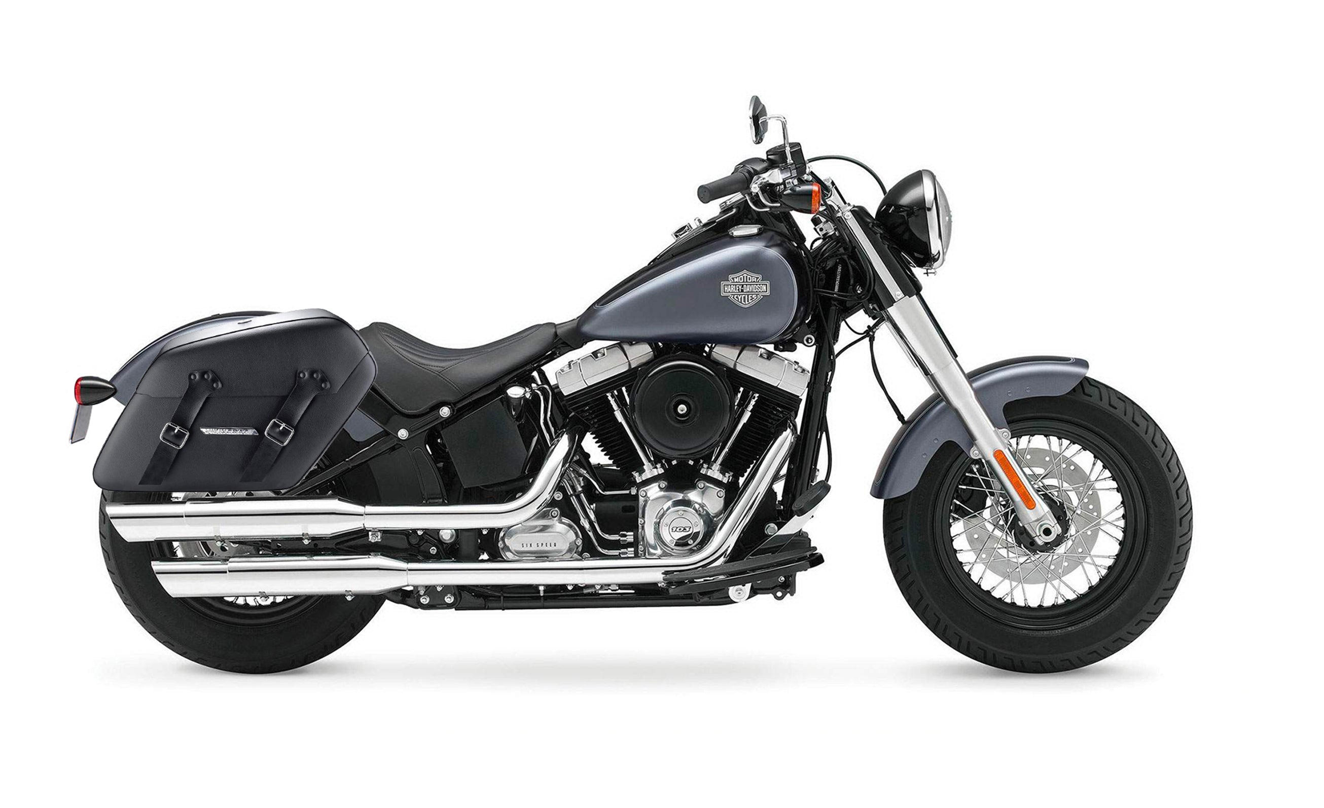 42L - Baldur XL Leather Wrapped Hard Saddlebags for Harley Softail Slim FLS on Bike Photo @expand
