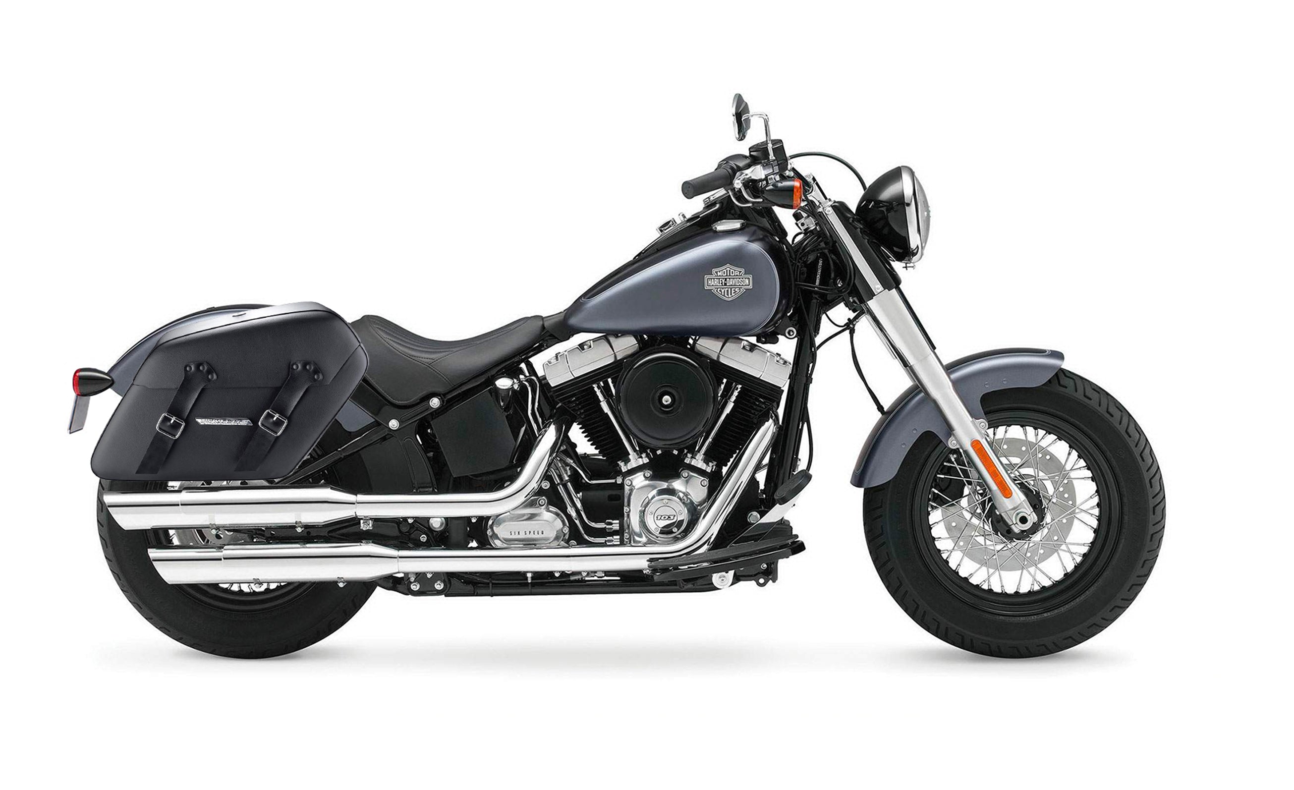 42L - Baldur XL Leather Wrapped Hard Saddlebags for Harley Softail Slim FLS Bag on Bike @expand