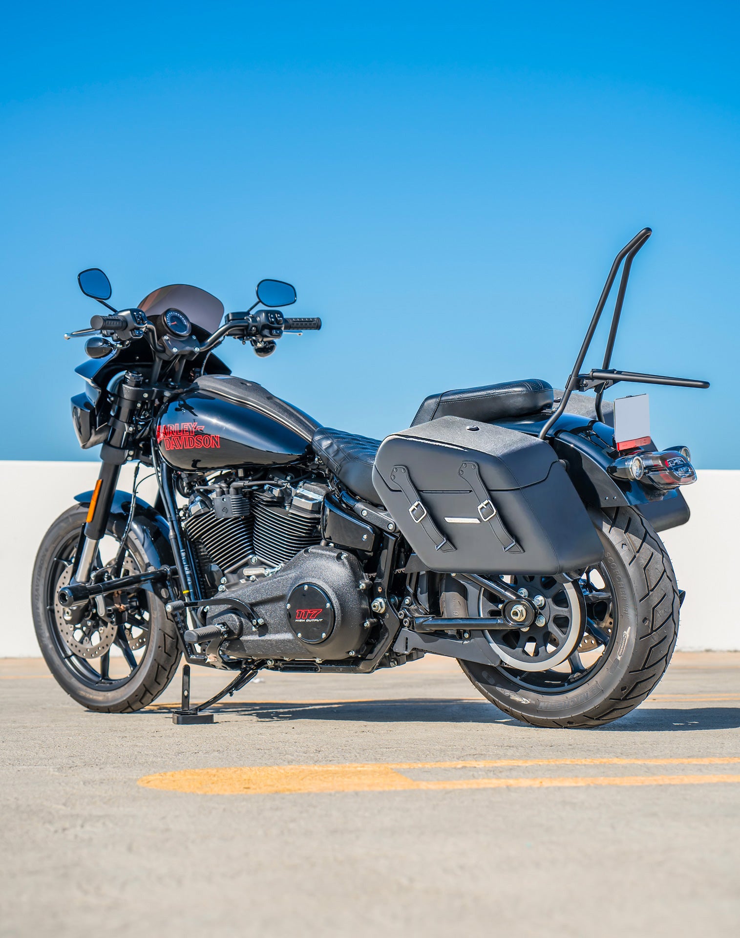 42L - Baldur XL Leather Wrapped Hard Saddlebags For 2025+ Harley Softail Low Rider S FXLRS Vertical Lifestyle