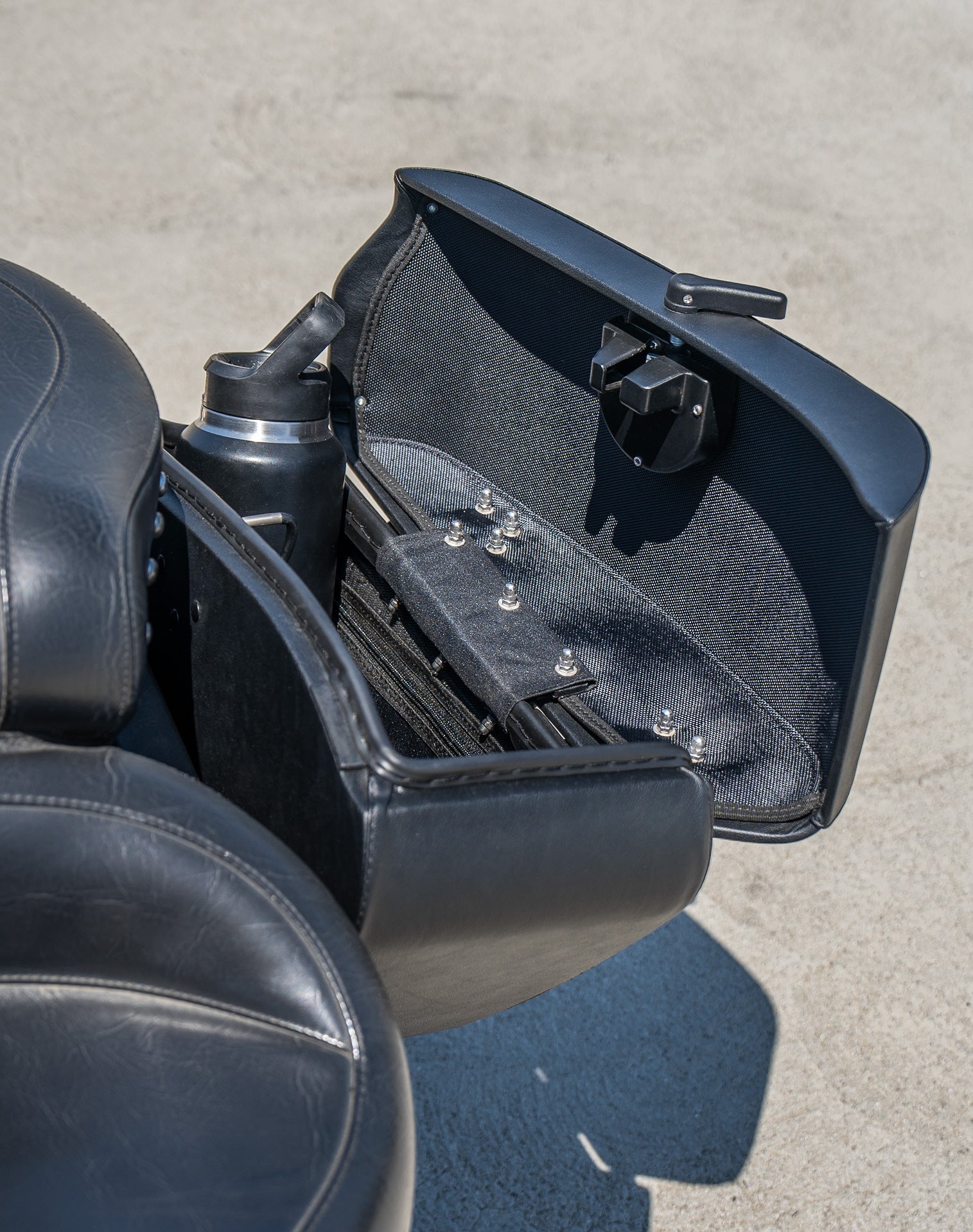 42L - Baldur XL Leather Wrapped Hard Saddlebags For 2025+ Harley Softail Low Rider S FXLRS Vertical Lifestyle