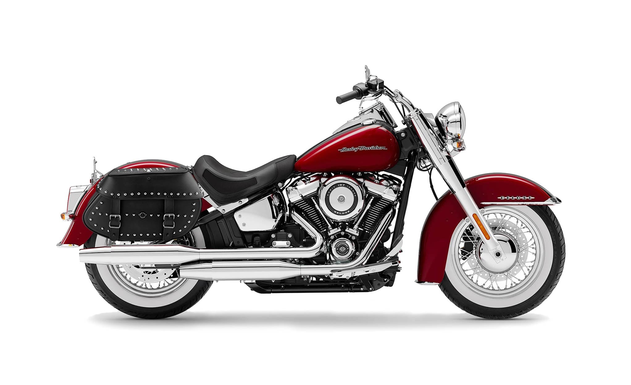 35L - Legacy Extra Large Studded Leather Saddlebags for Harley Softail Deluxe FLDE on Bike Photo @expand
