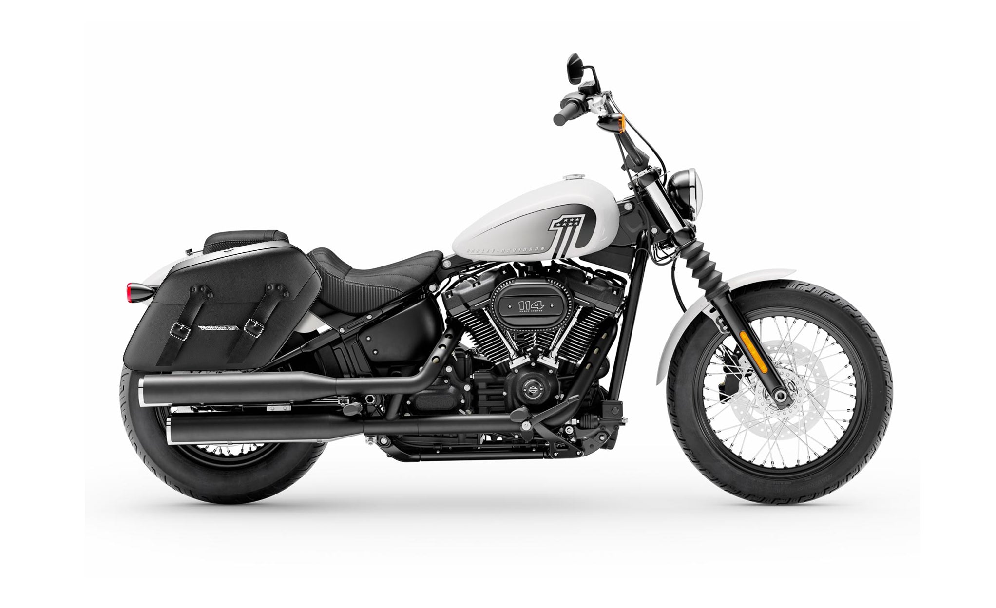 42L - Baldur Extra Large Leather Wrapped Motorcycle Hard Saddlebags for Harley Softail Street Bob FXBB Bag on Bike @expand