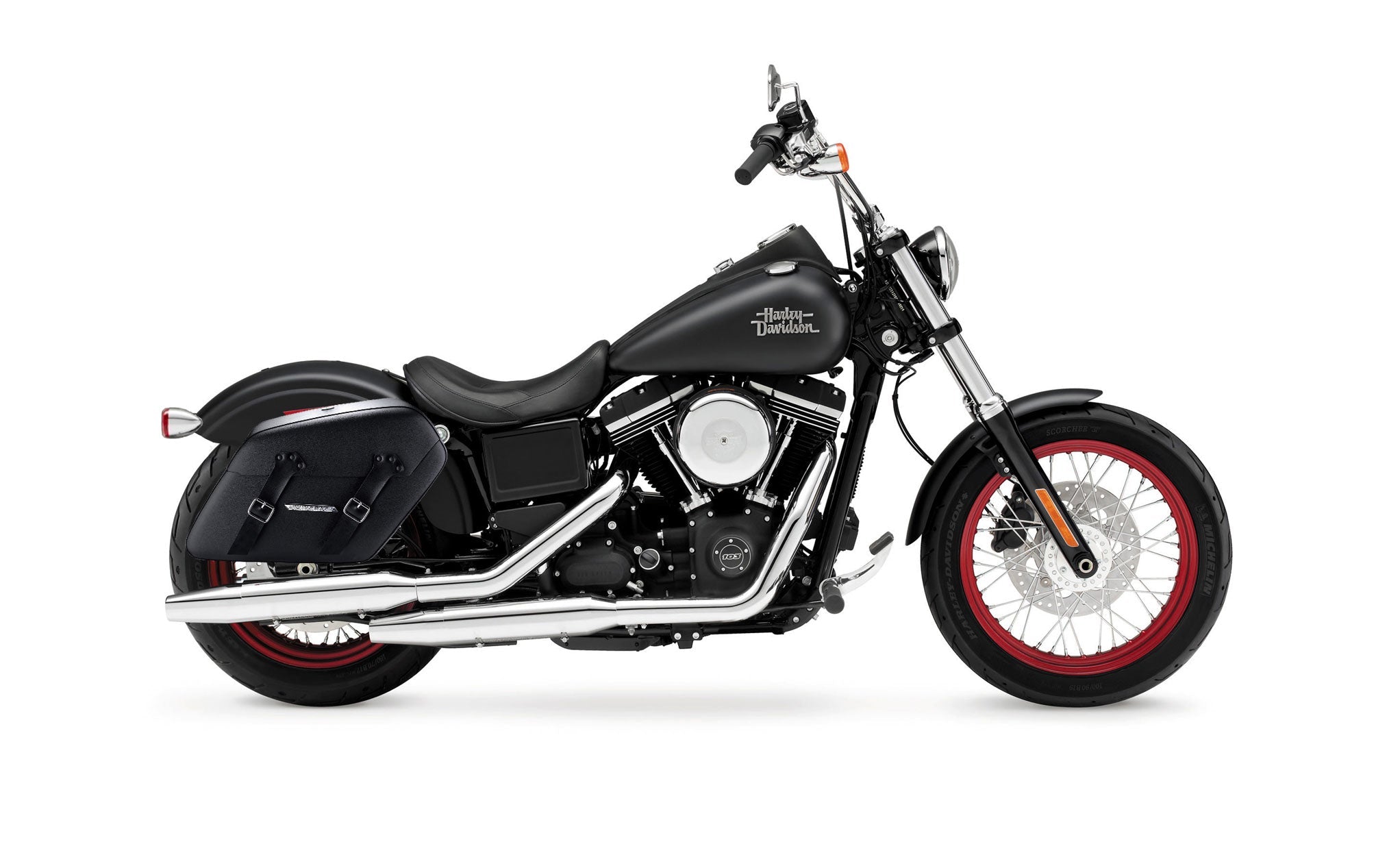 38L - Baldur Extra Large Shock Cut-out Leather Wrapped Motorcycle Hard Saddlebags for Harley Dyna Street Bob FXDB/I Bag on Bike @expand