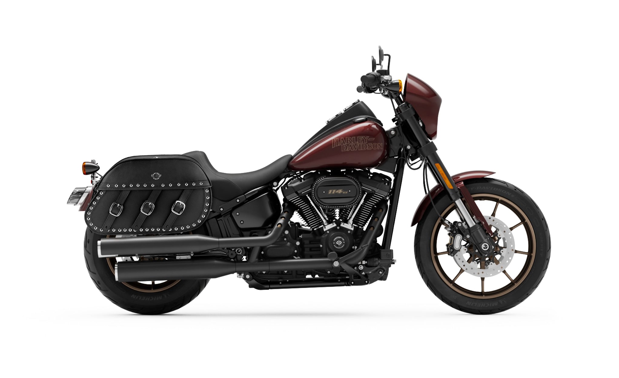 34L - Trianon Extra Large Studded Leather Motorcycle Saddlebags for Harley Softail Low Rider S FXLRS on Bike Photo @expand