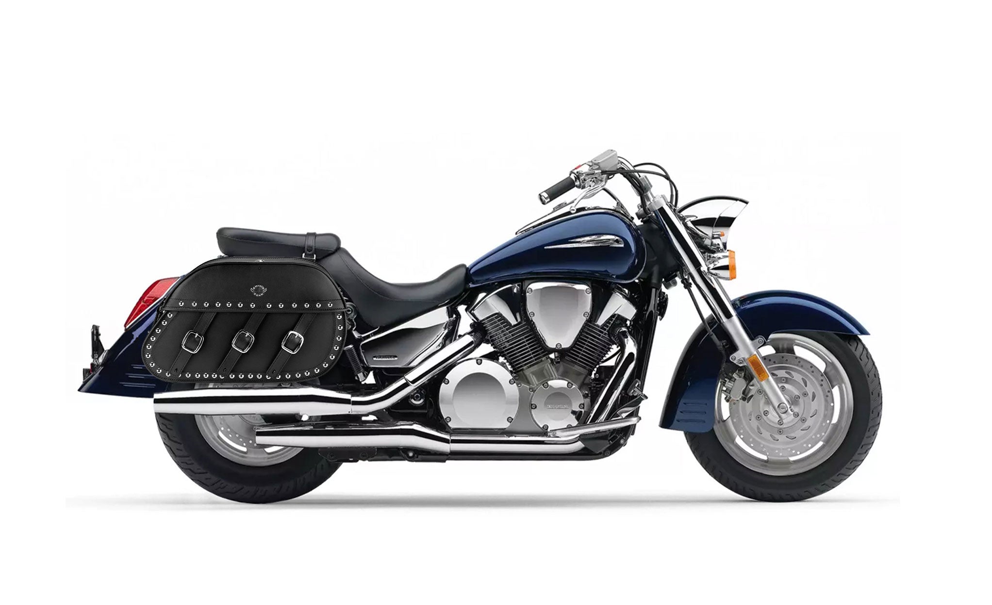 34L - Trianon Extra Large Honda VTX 1300 R (Retro) Studded Leather Motorcycle Saddlebags on Bike Photo @expand