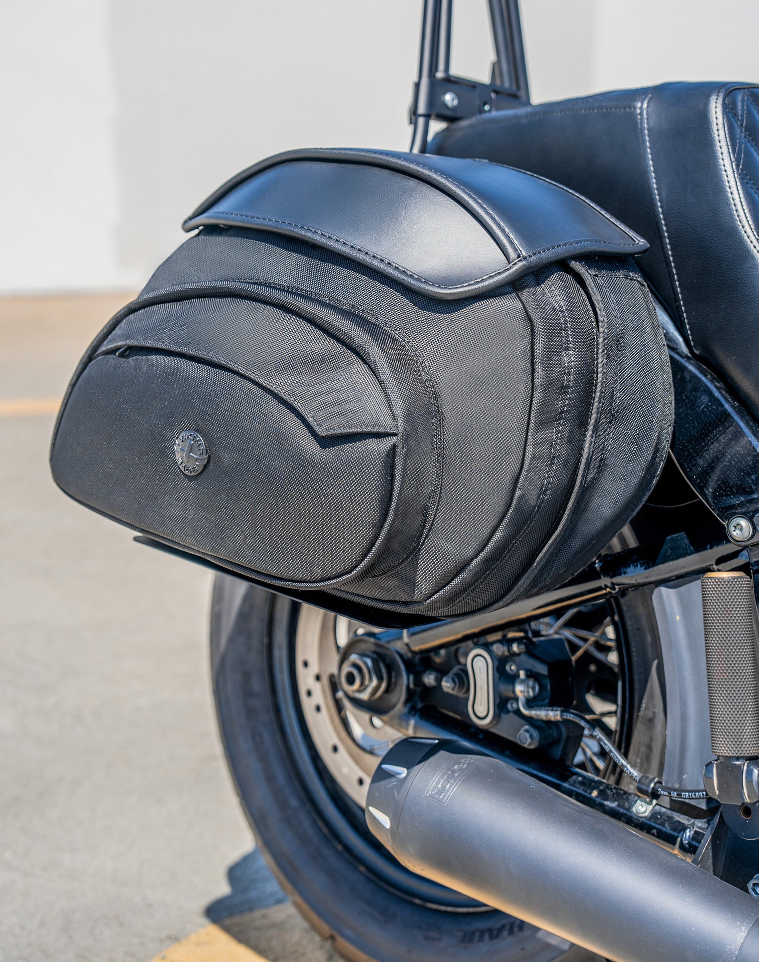 60L - Stealth XL Quick Mount Motorcycle Saddlebags for Harley Softail Super Glide FXD Lifestyle
