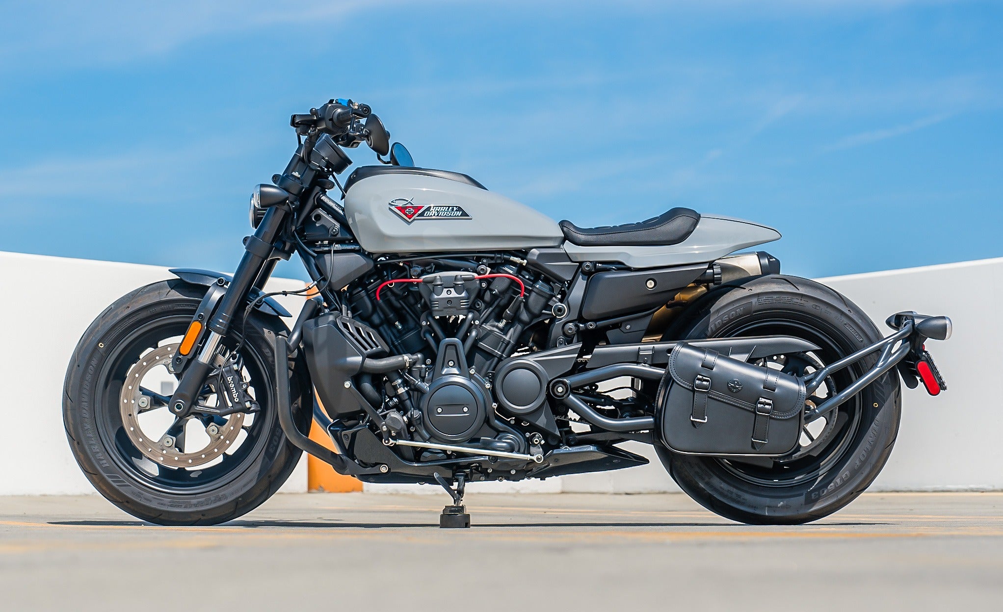 7L - Skold Leather Motorcycle Swing Arm Bag (Left Only) for Harley Sportster S (RH1250S) Lifestyle @expand