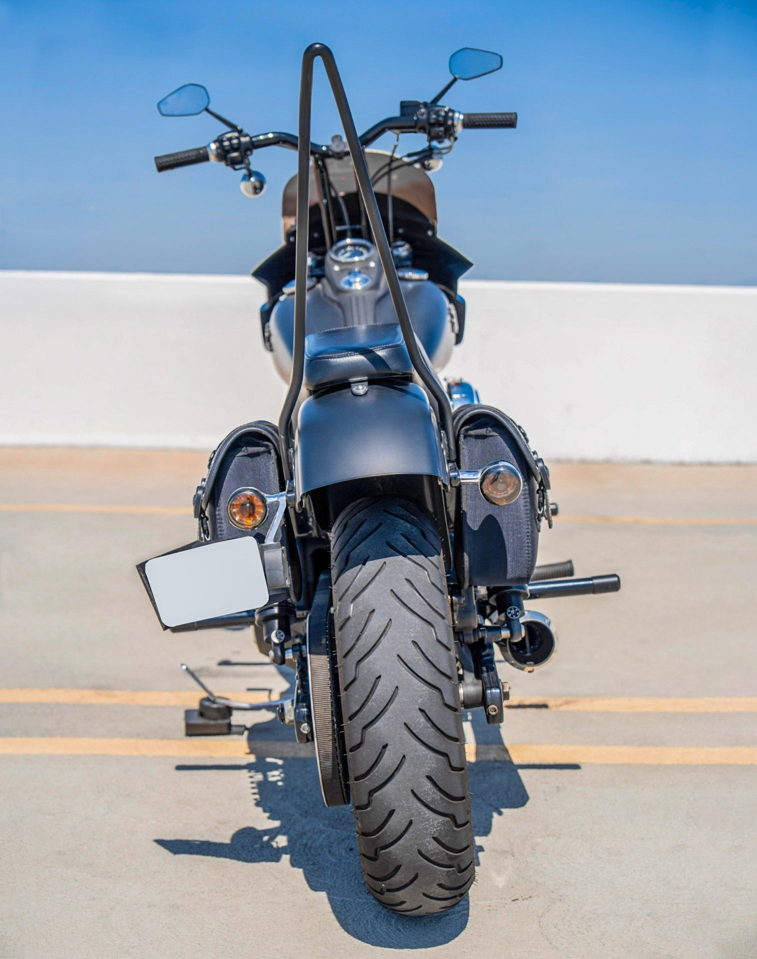 8L - Hawk Small Leather Saddlebags for Harley Dyna Street Bob FXDB/I Lifestyle