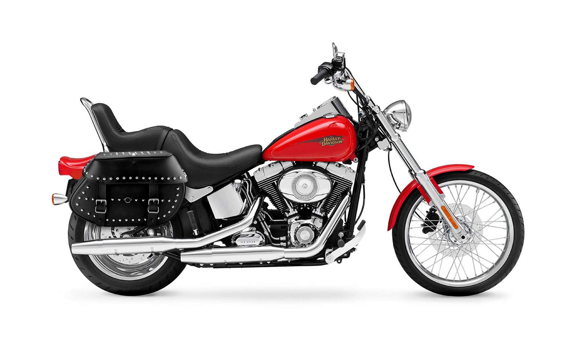 Viking Legacy Extra Large Studded Leather Motorcycle Saddlebags For Harley Softail Custom Fxstc on Bike Photo @expand