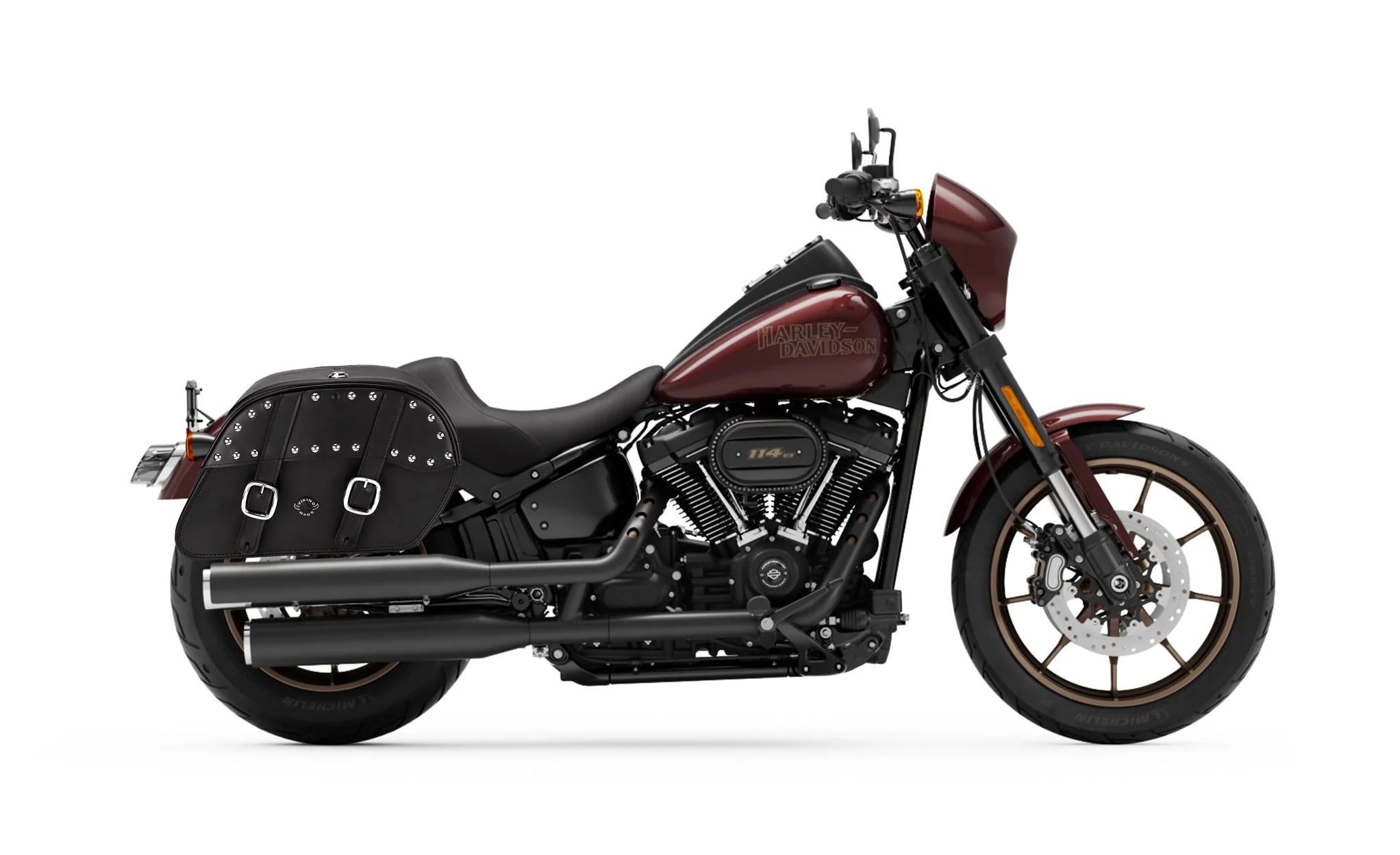 Viking Skarner Large Leather Studded Motorcycle Saddlebags For Harley Softail Low Rider S Fxlrs on Bike Photo @expand