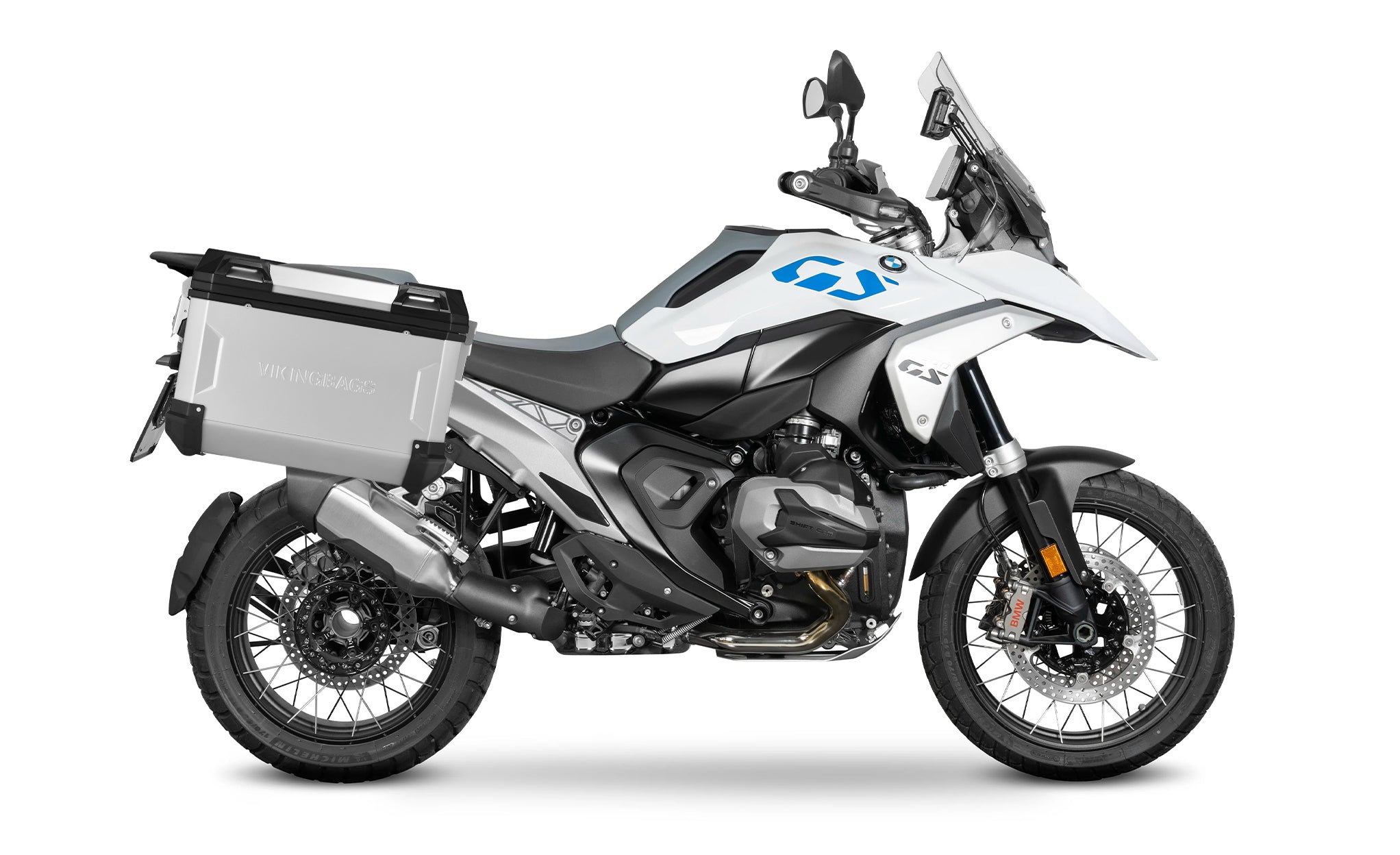 45L - Apex XL BMW R 1300 GS Aluminum Side Cases Silver Bag on Bike @expand