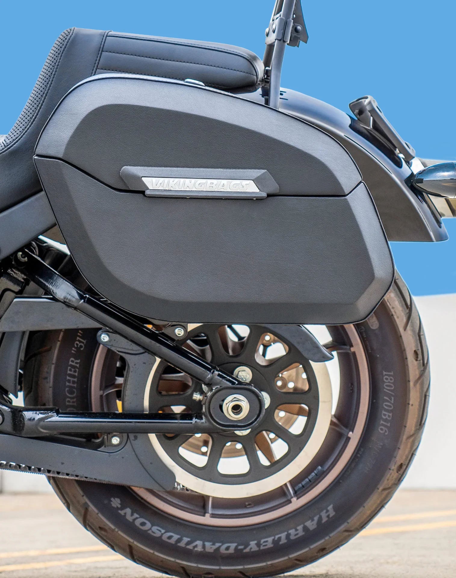 32L - Darkin Large Quick Mount Leather Wrap Hard Saddlebags for 2025+ Harley Softail Low Rider S FXLRS Vertical Lifestyle