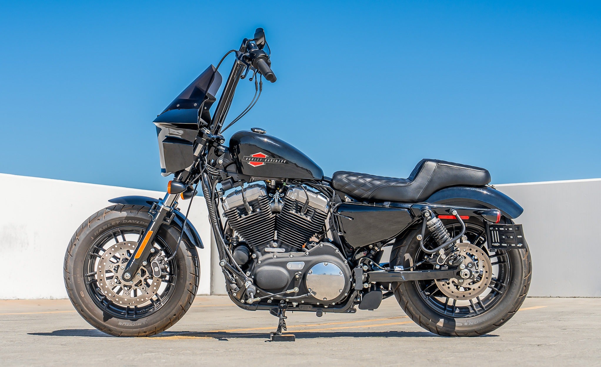 Viking Darkin Motorcycle Fairing for Harley Sportster Forty Eight Gloss Black Lifestyle @expand