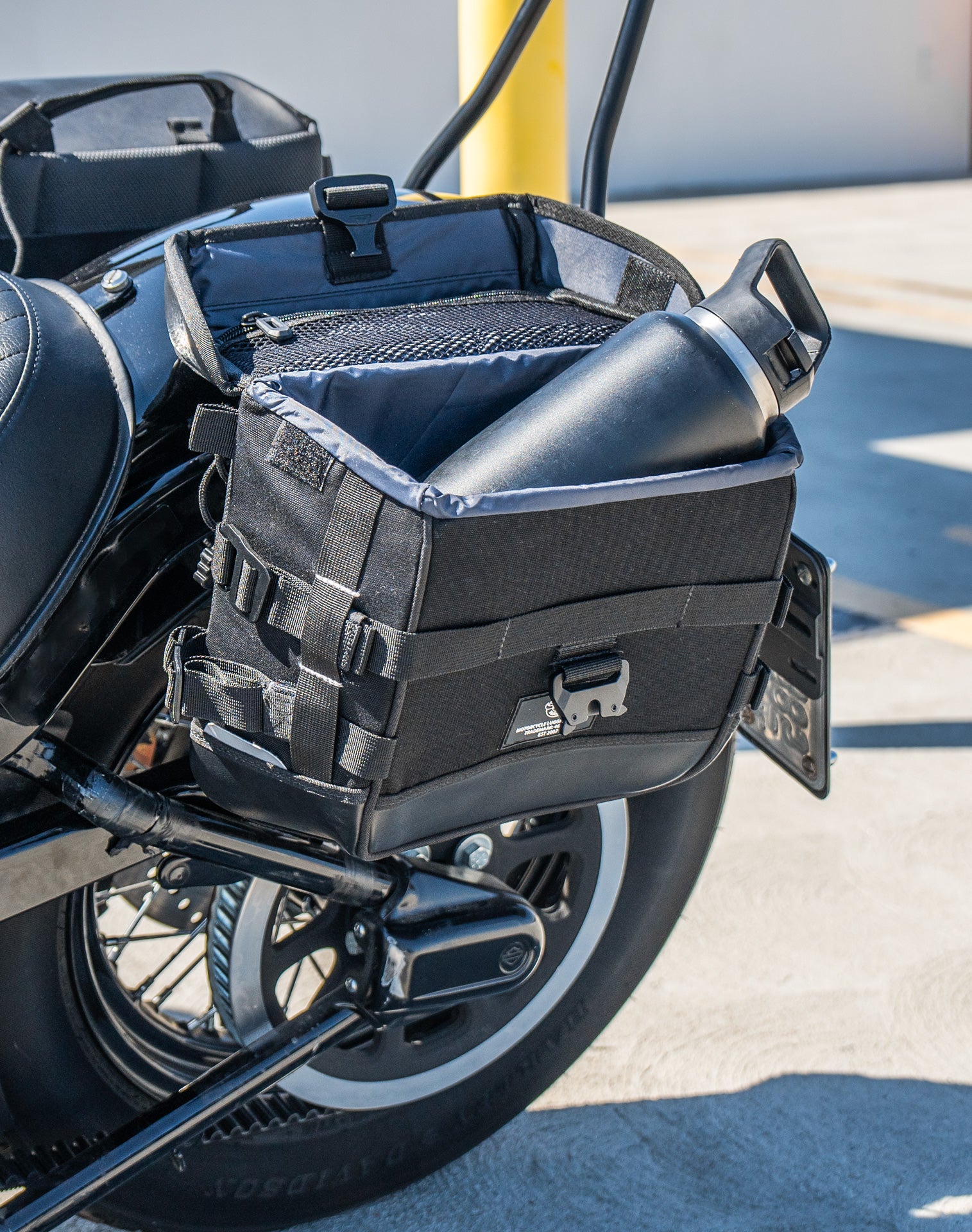 20L - Incognito Quick-Mount Small Harley Softail Slim FLS Motorcycle Saddlebags Life Style 4