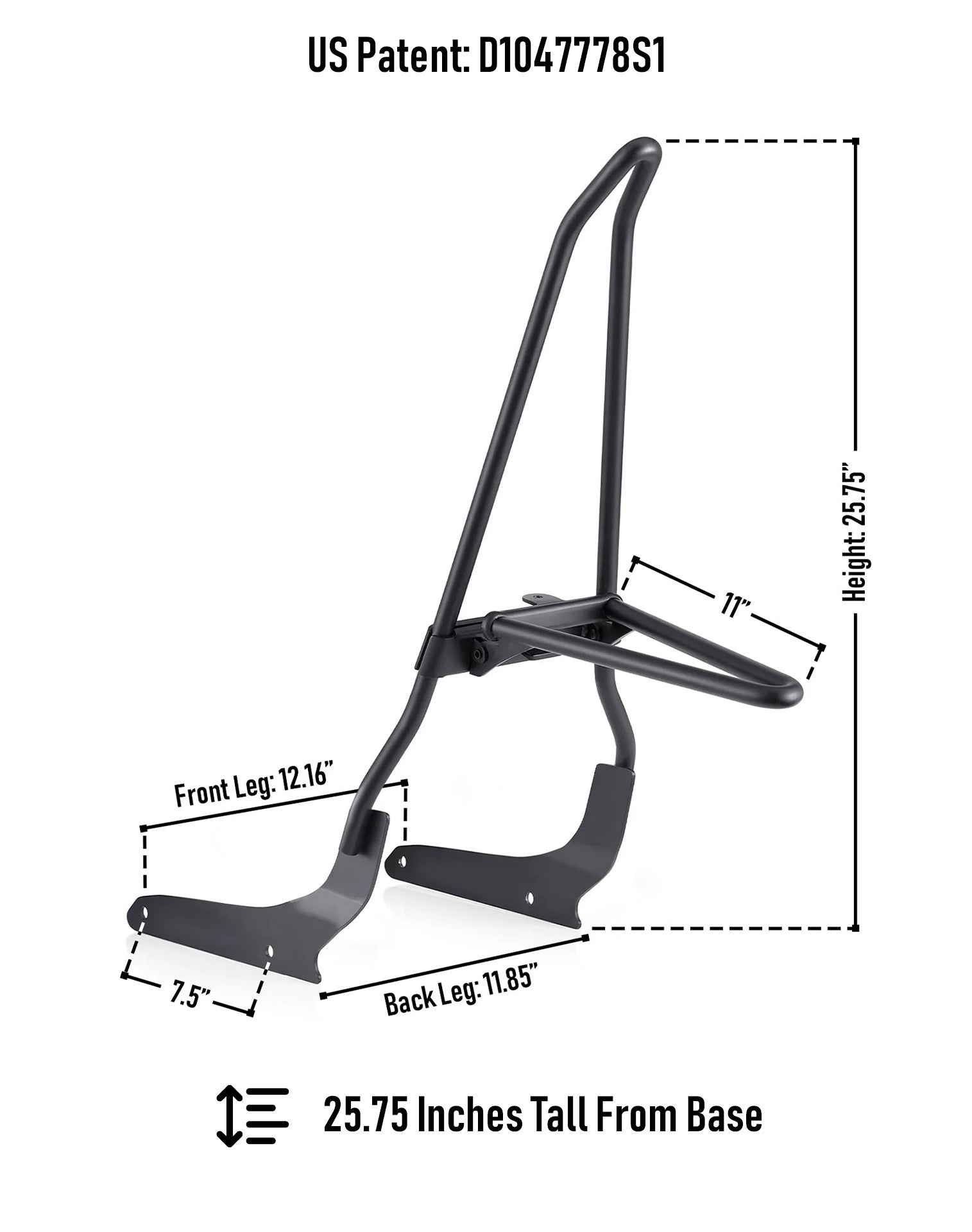 Iron Born 25" Sissy Bar with Foldable Luggage Rack for Honda Shadow 750 Phantom Matte Black Dimension