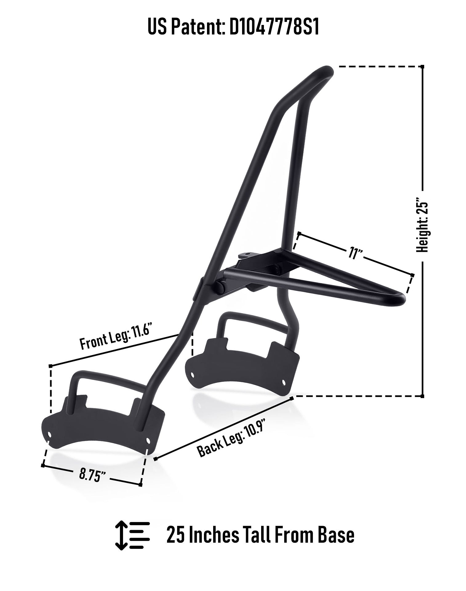 Iron Born Blade 25" Indian Sport Chief (2023+) Sissy Bar with Foldable Luggage Rack Matte Black Dimension