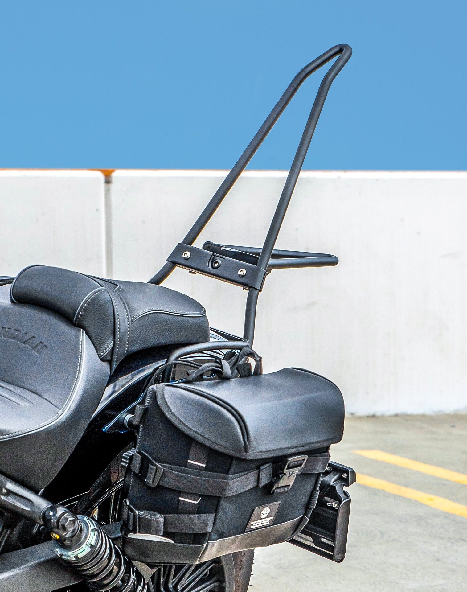 Iron Born Blade 25" Sissy Bar with Foldable Luggage Rack for 2025 Indian Scout Bobber Matte Black Life Style Photo