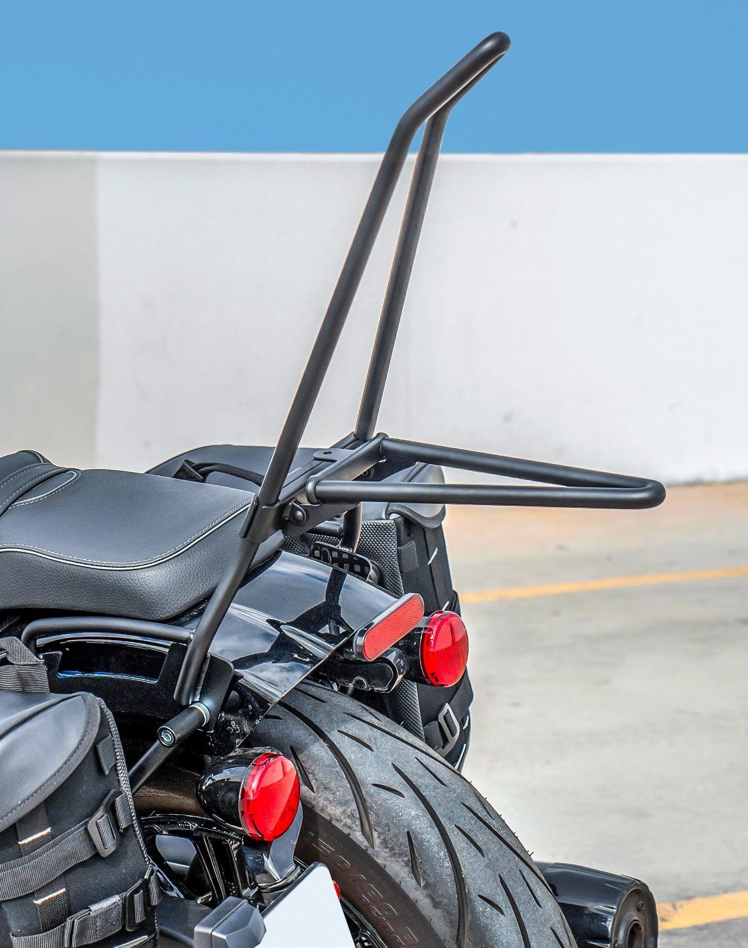 Iron Born Blade 25" Sissy Bar with Foldable Luggage Rack for 2025 Indian Scout Bobber Matte Black Life Style Photo