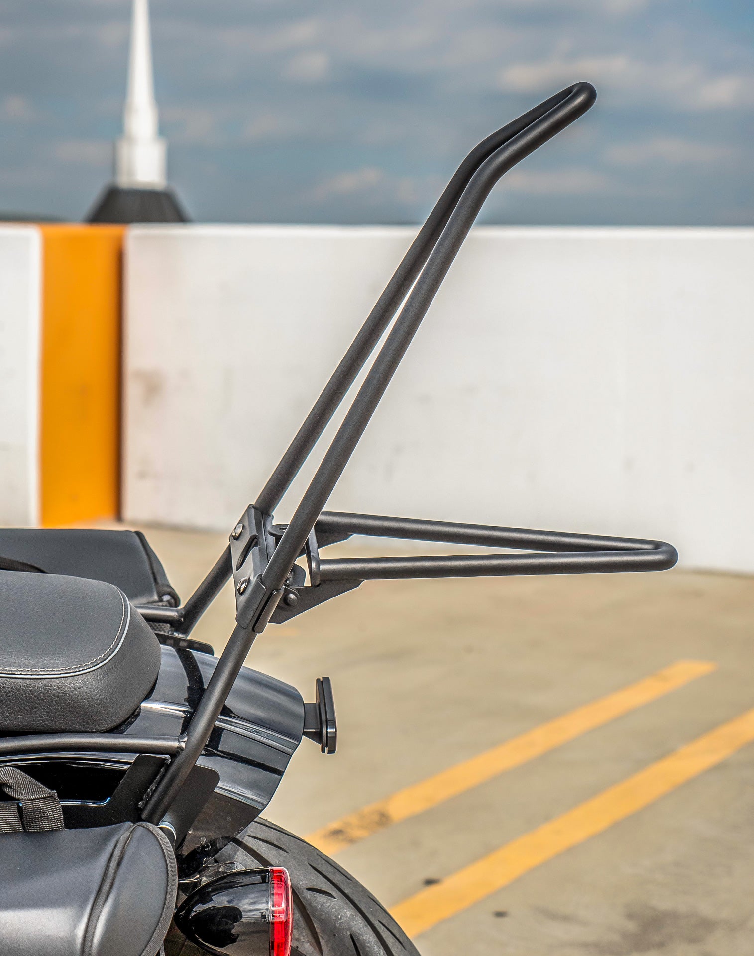 Iron Born Blade 25" Sissy Bar with Foldable Luggage Rack for 2025 Indian Scout Bobber Matte Black Life style 2