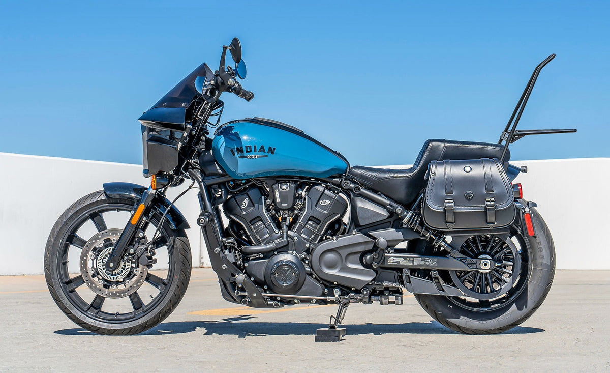 Iron Born Blade 25" Sissy Bar with Foldable Luggage Rack for 2025 Indian Scout Bobber Matte Black Life Style Photo @expand