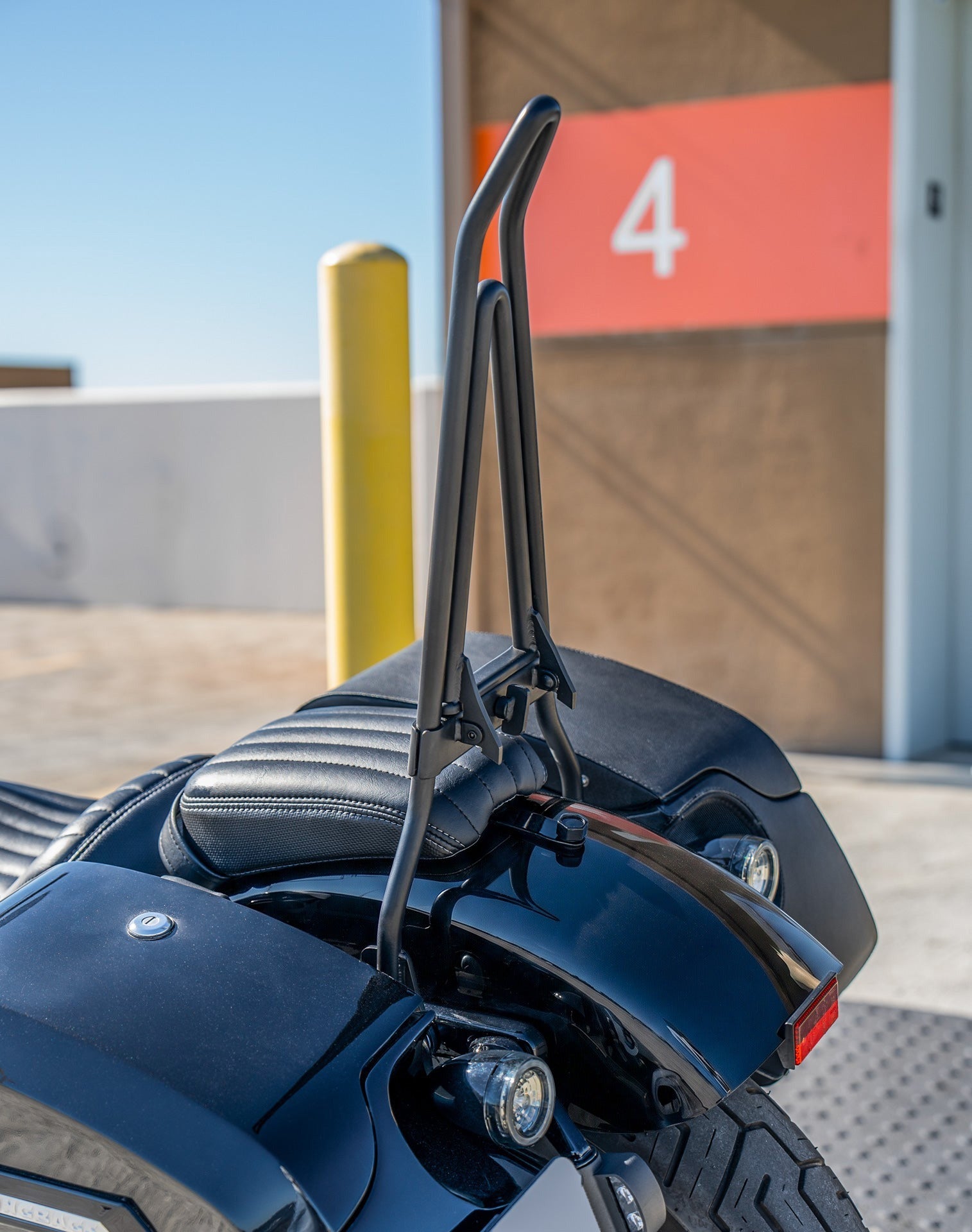 Iron Born Blade 25" Sissy Bar with Foldable Luggage Rack for Harley Softail Deluxe FLDE Matte Black Lifestyle