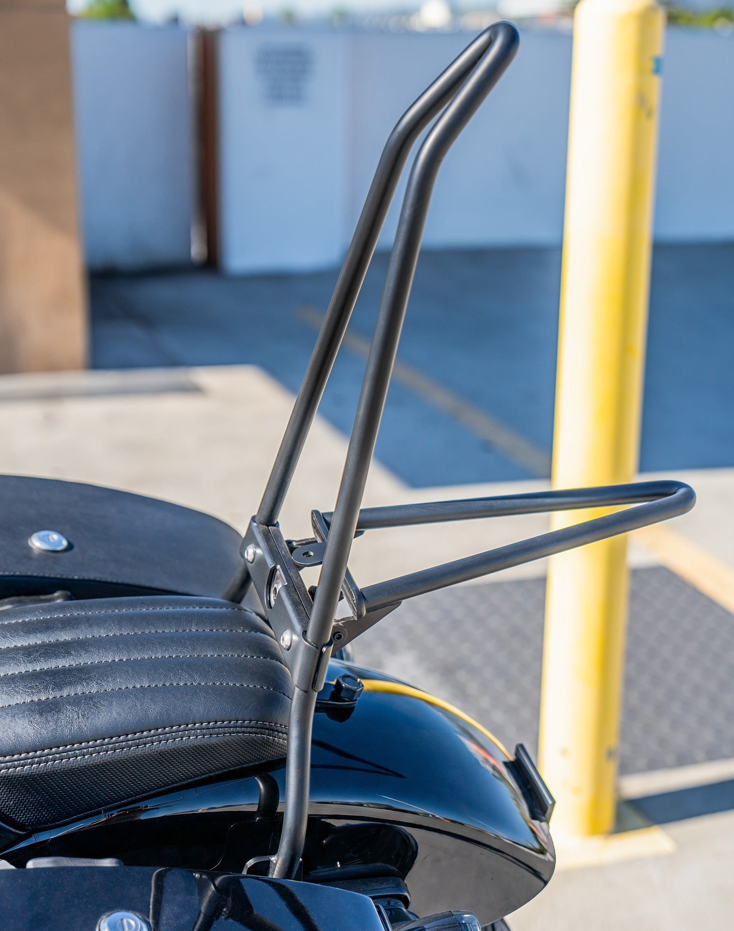 Iron Born Blade 25" Sissy Bar with Foldable Luggage Rack for Harley Softail Deluxe FLDE Matte Black Lifestyle