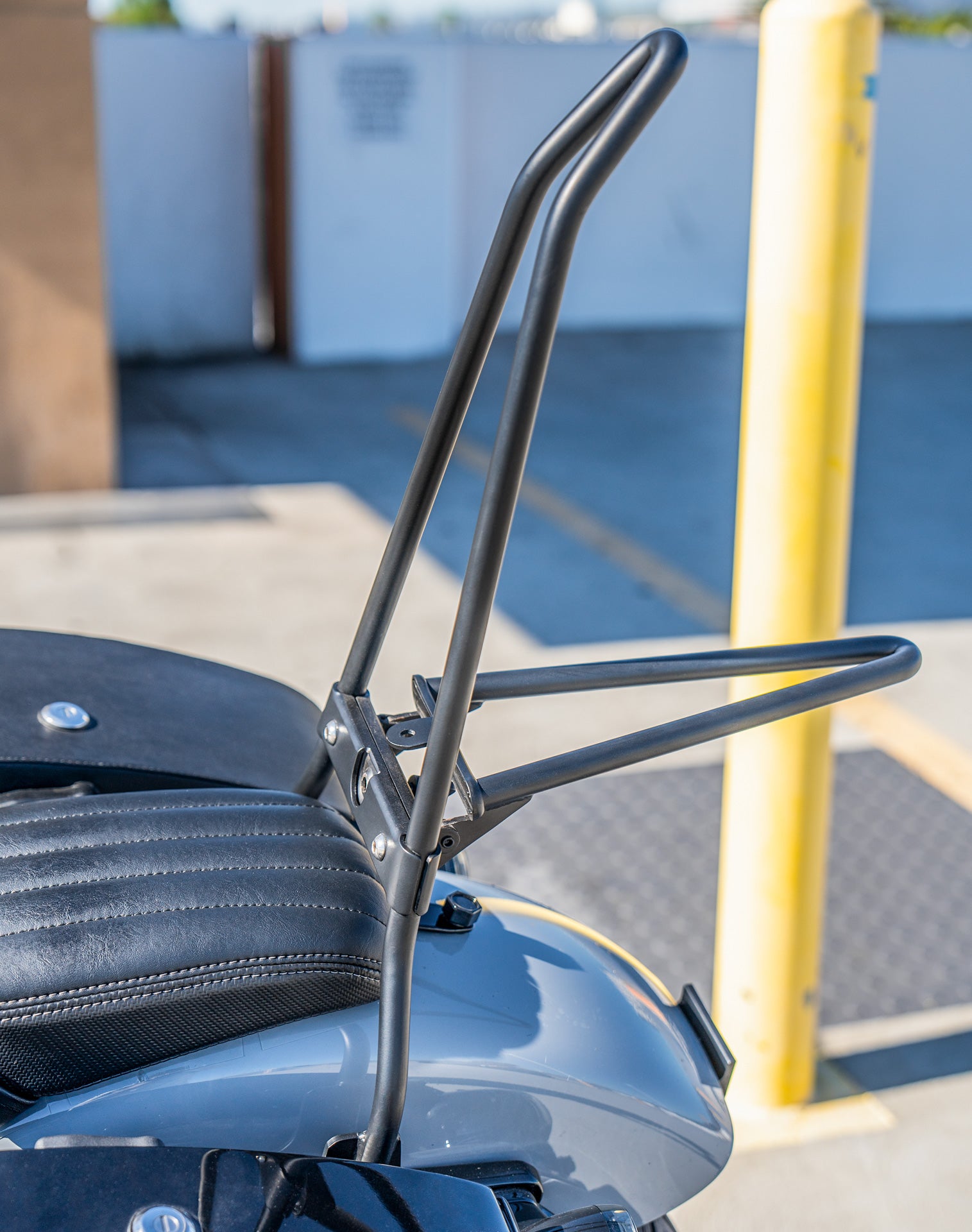 Iron Born Blade 25" Sissy Bar with Foldable Luggage Rack for Harley Softail Street Bob Matte Black Life Style