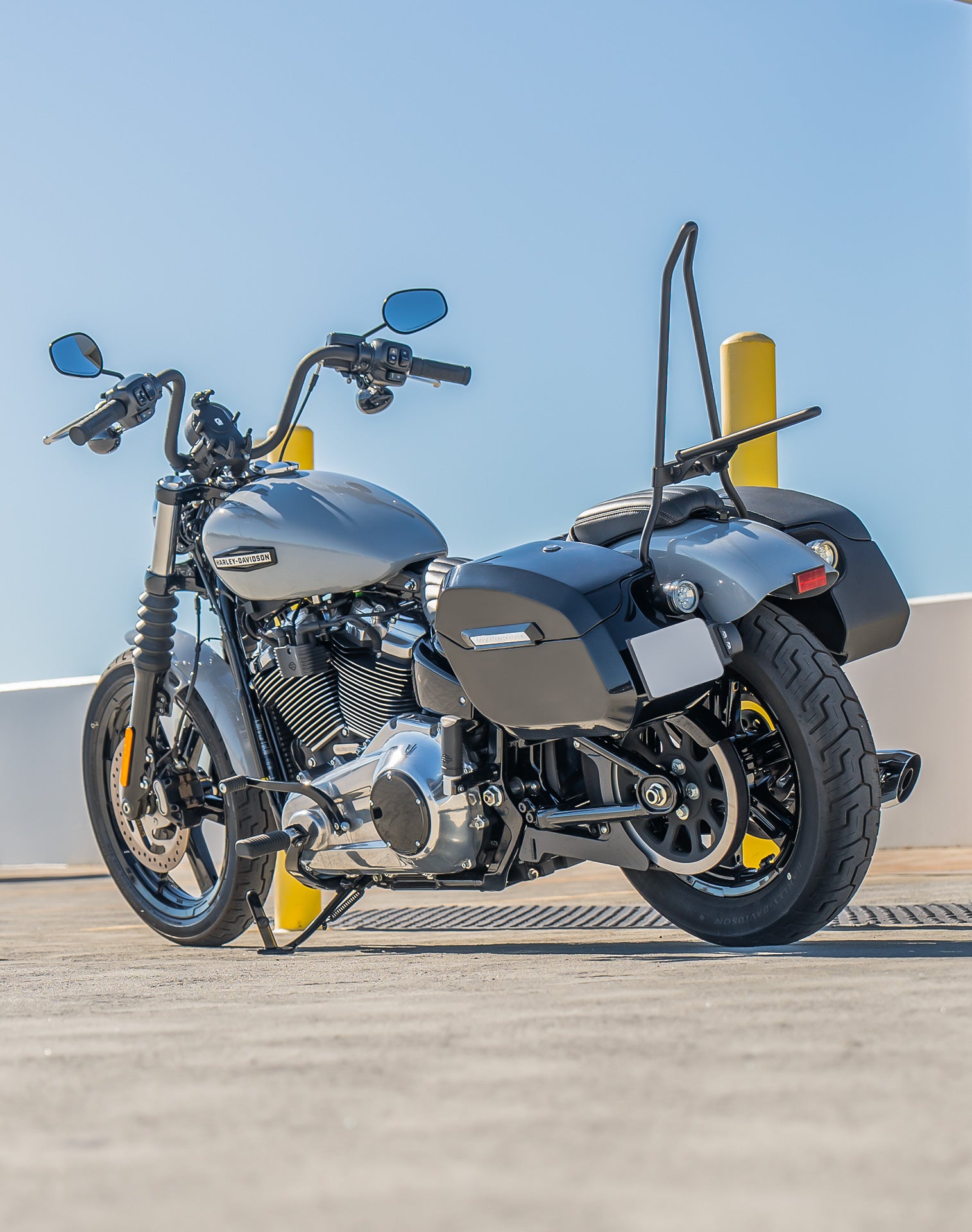 Iron Born Blade 25" Sissy Bar with Foldable Luggage Rack for Harley Softail Street Bob Matte Black Life Style