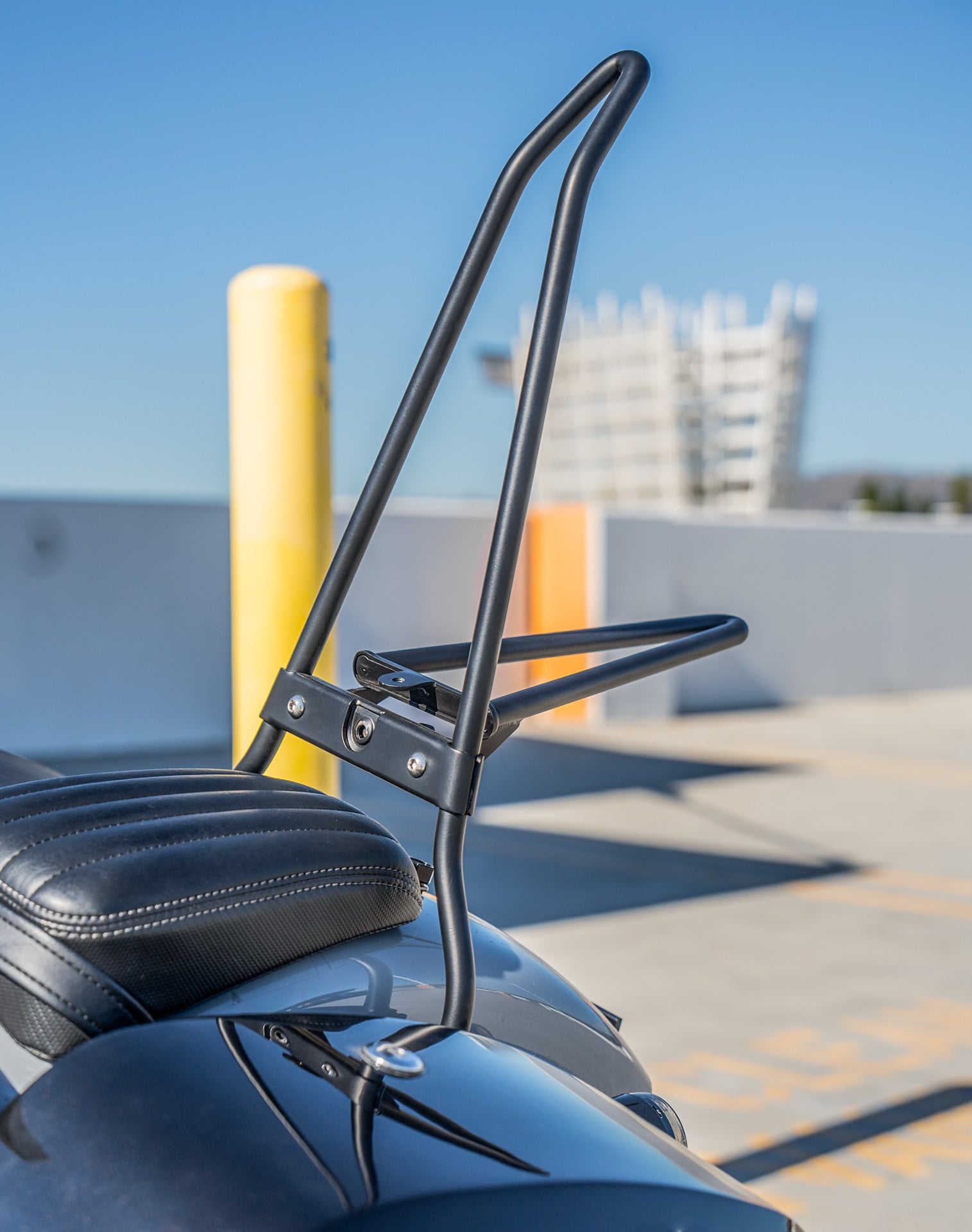 Iron Born Blade 25" Sissy Bar with Foldable Luggage Rack for Harley Softail Street Bob Matte Black Life Style