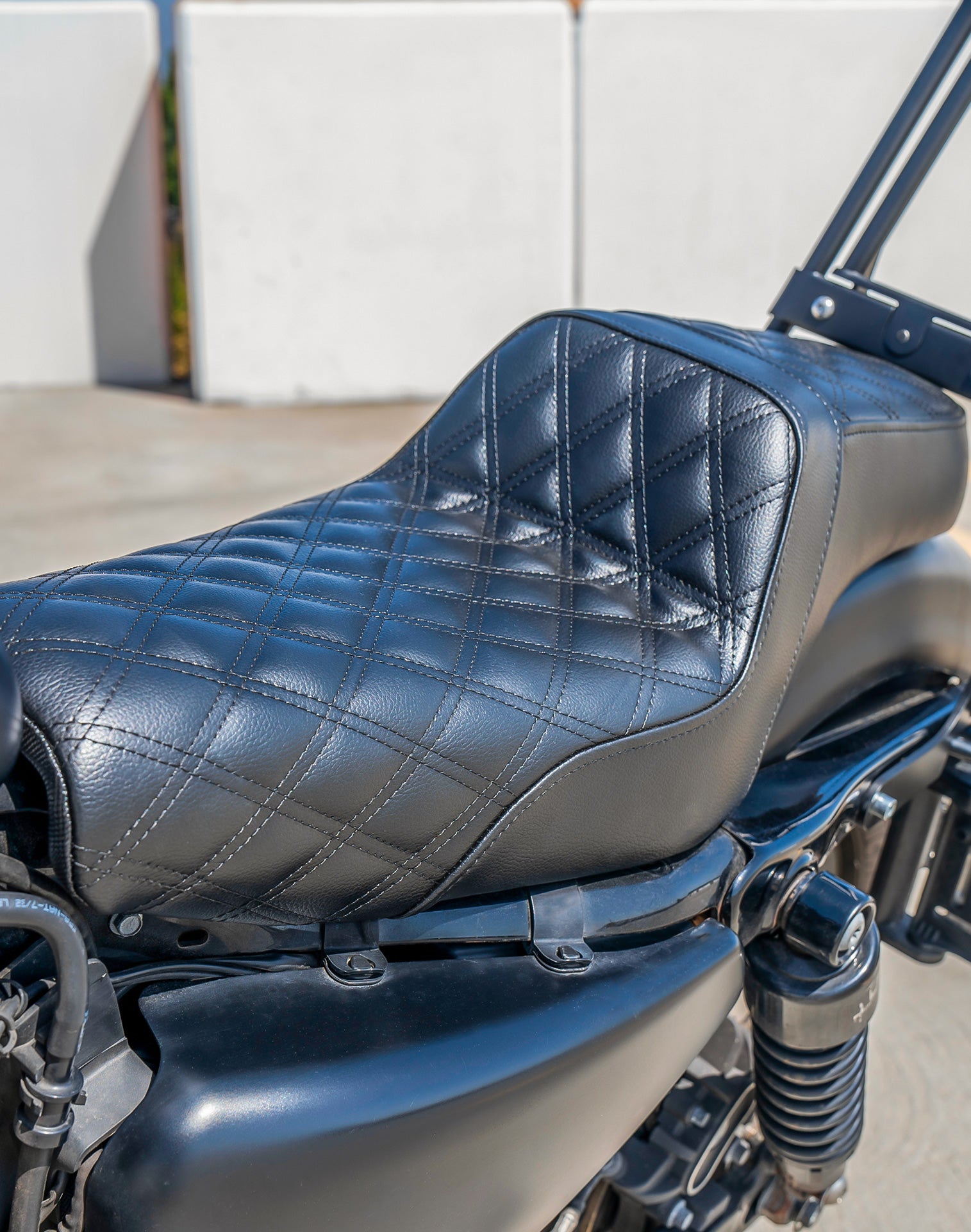 Iron Born Diamond Stitch 2-Up Seat For Harley Sportster 883 Iron XL883N Black Lifestyle