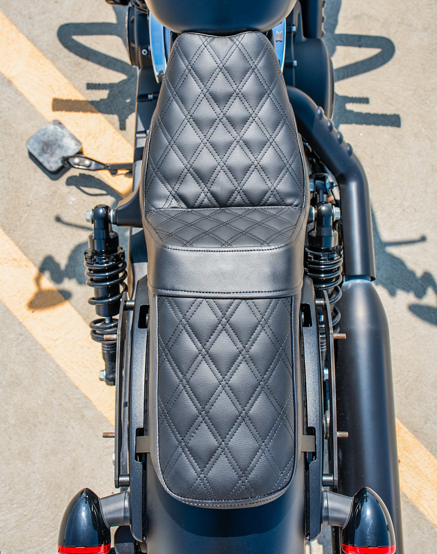 Iron Born Diamond Stitch Indian Scout Bobber 2-Up Seat Black Lifestyle
