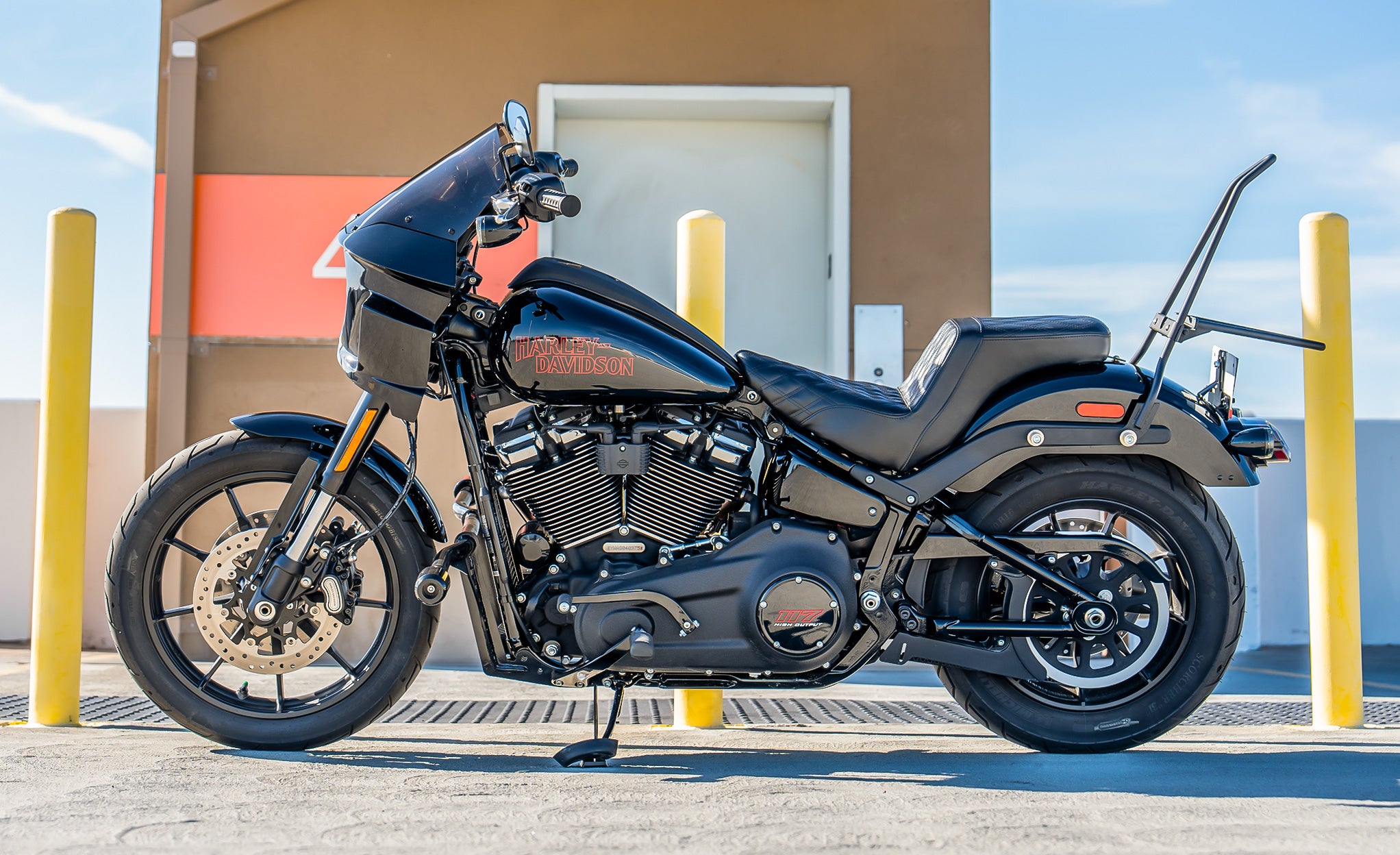 Iron Born Blade 25" Sissy Bar for Wide Seat w/ Foldable Rack for Harley Softail Low Rider S FXLRS Matte Black Lifestyle @expand