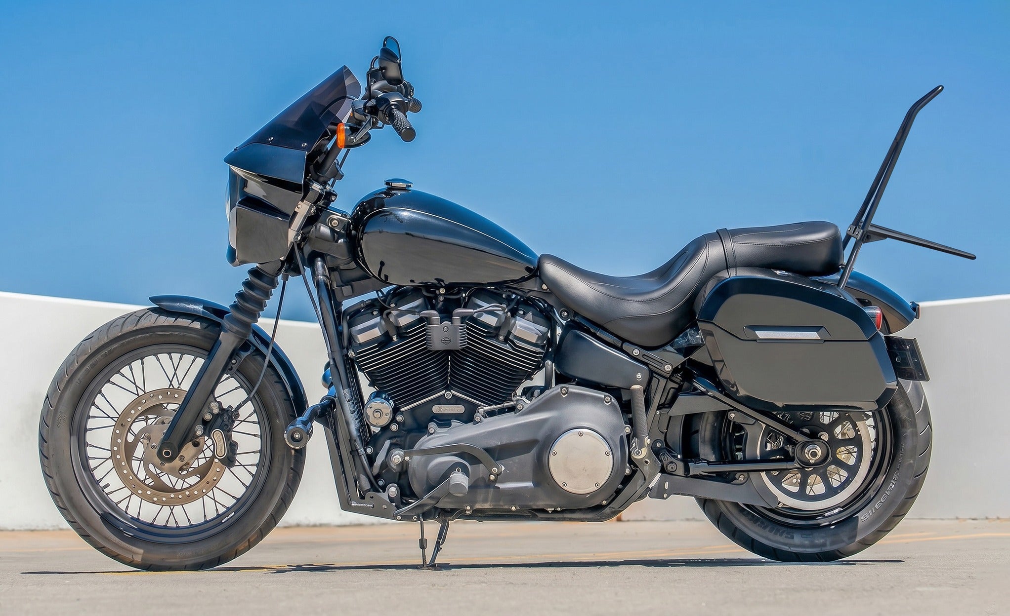 Iron Born Blade 25" Sissy Bar for Wide Seat w/ Foldable Rack for Harley Softail Street Bob FXBB Matte Black Lifestyle @expand