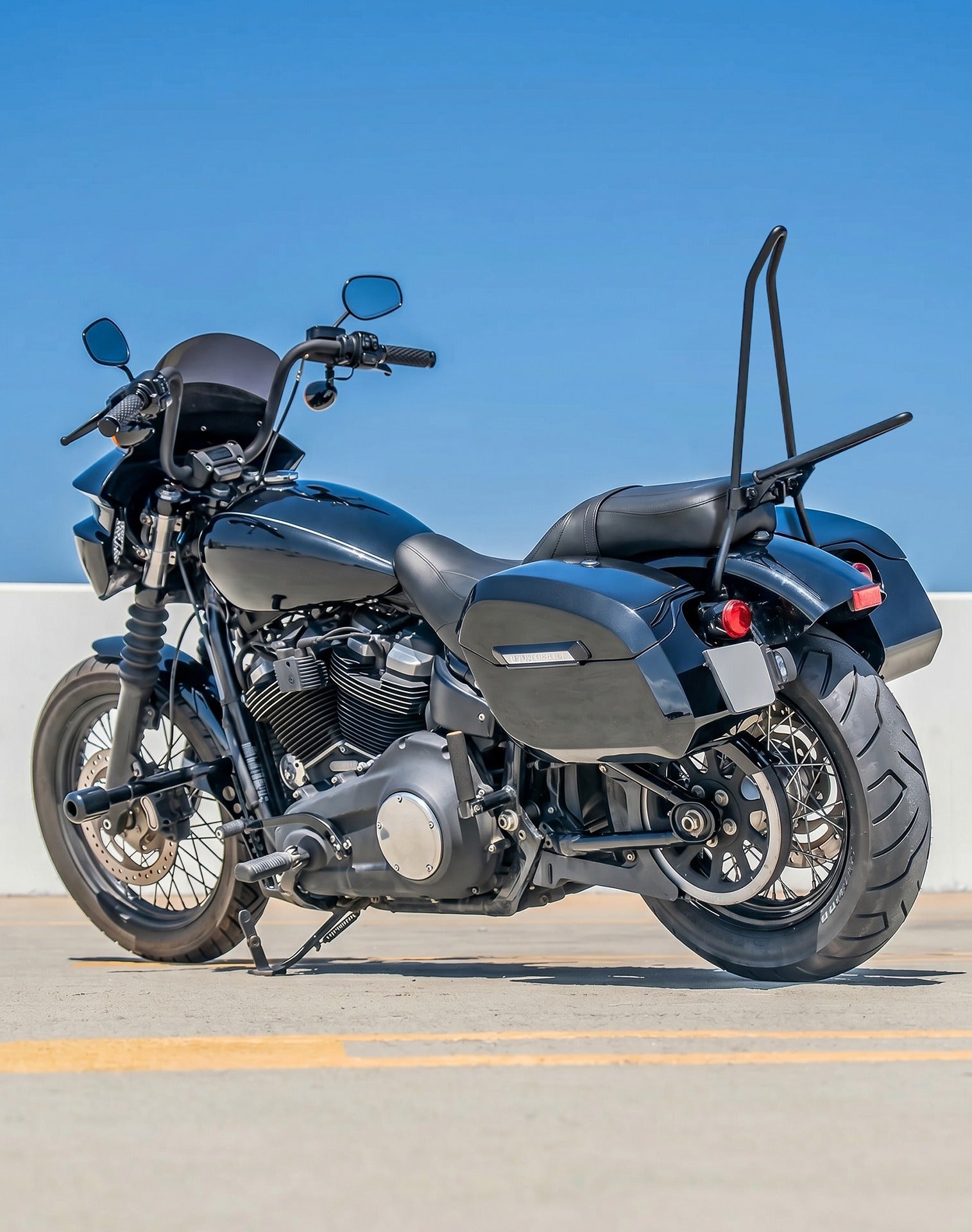 Iron Born Blade 25" Sissy Bar for Wide Seat w/ Foldable Rack for Harley Softail Street Bob FXBB Matte Black Lifestyle