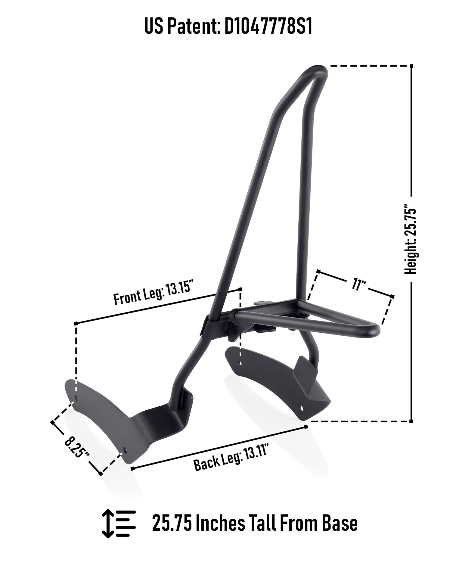 Iron Born Blade 25" Sissy Bar with Foldable Luggage Rack for Kawasaki Vulcan 900 Custom, VN900C Matte Black Dimension