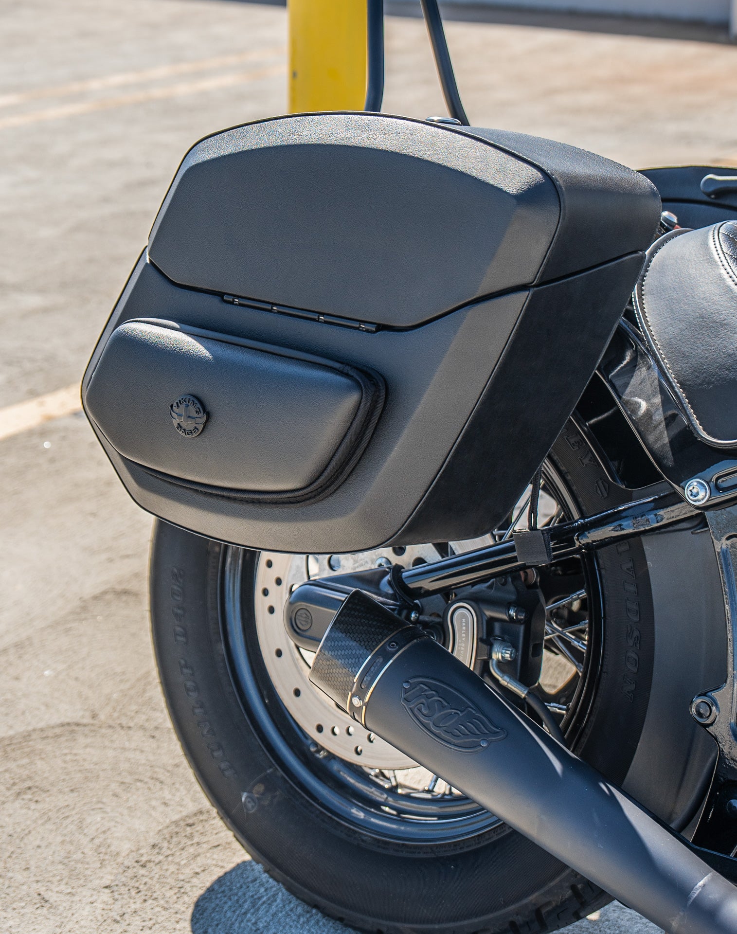 24L - Ironclad Quick-Mount Medium Harley Softail Slim FLS Leather Wrapped Hard Saddlebags Life Style 3