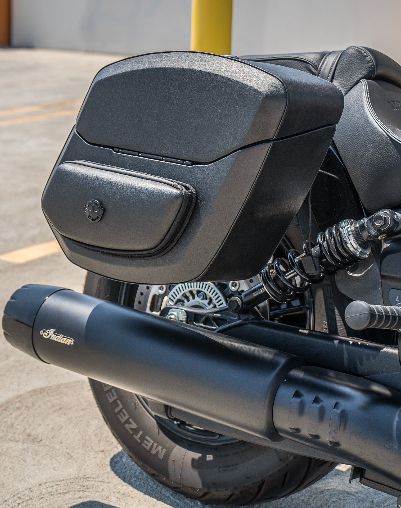 24L - Ironclad Quick-Mount Medium Indian Scout Bobber Leather Wrapped Hard Saddlebags Life Style 3