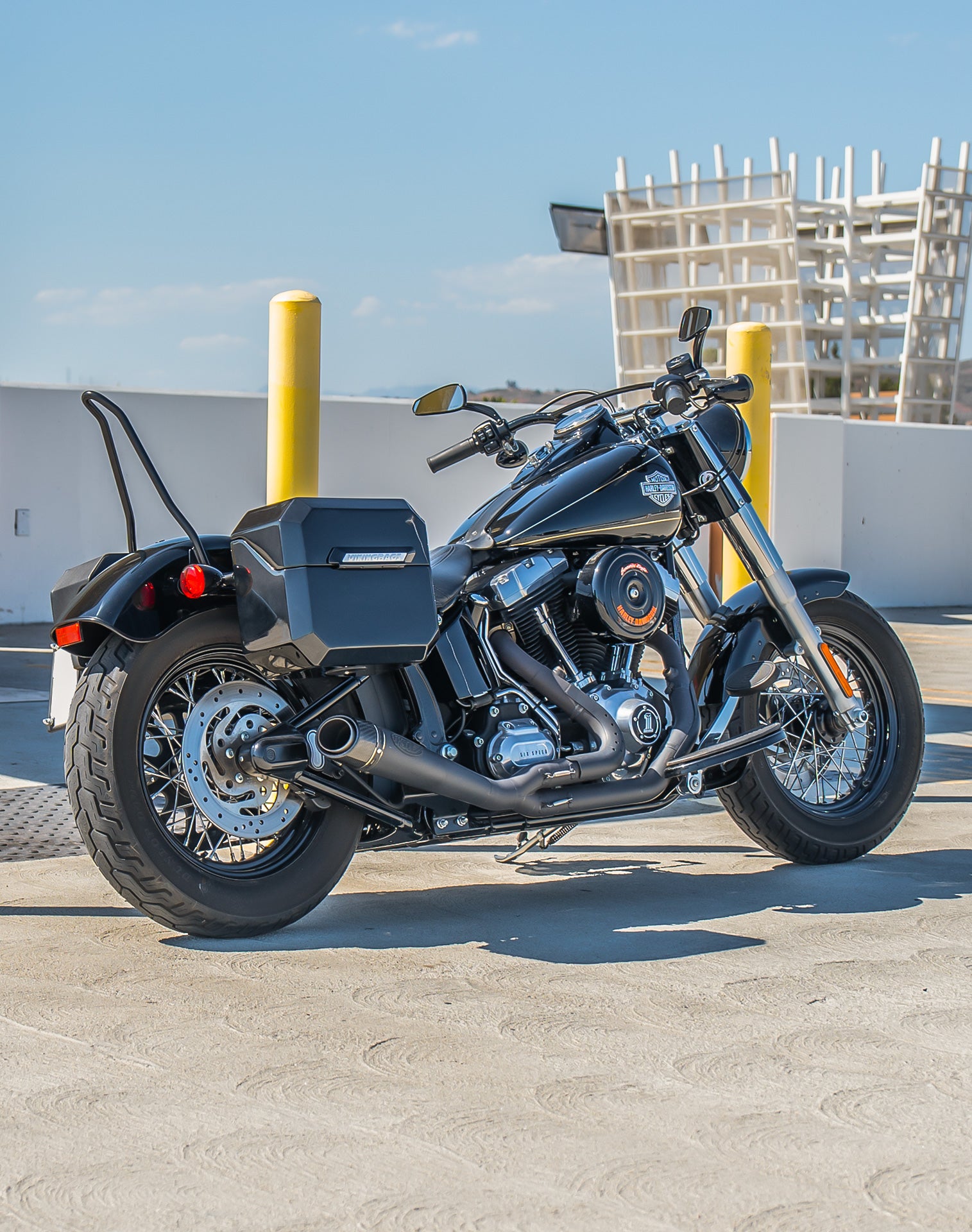 20L - Outlaw Quick-Mount Small Harley Softail Slim FLS Painted Hard Saddlebags Life Style 1