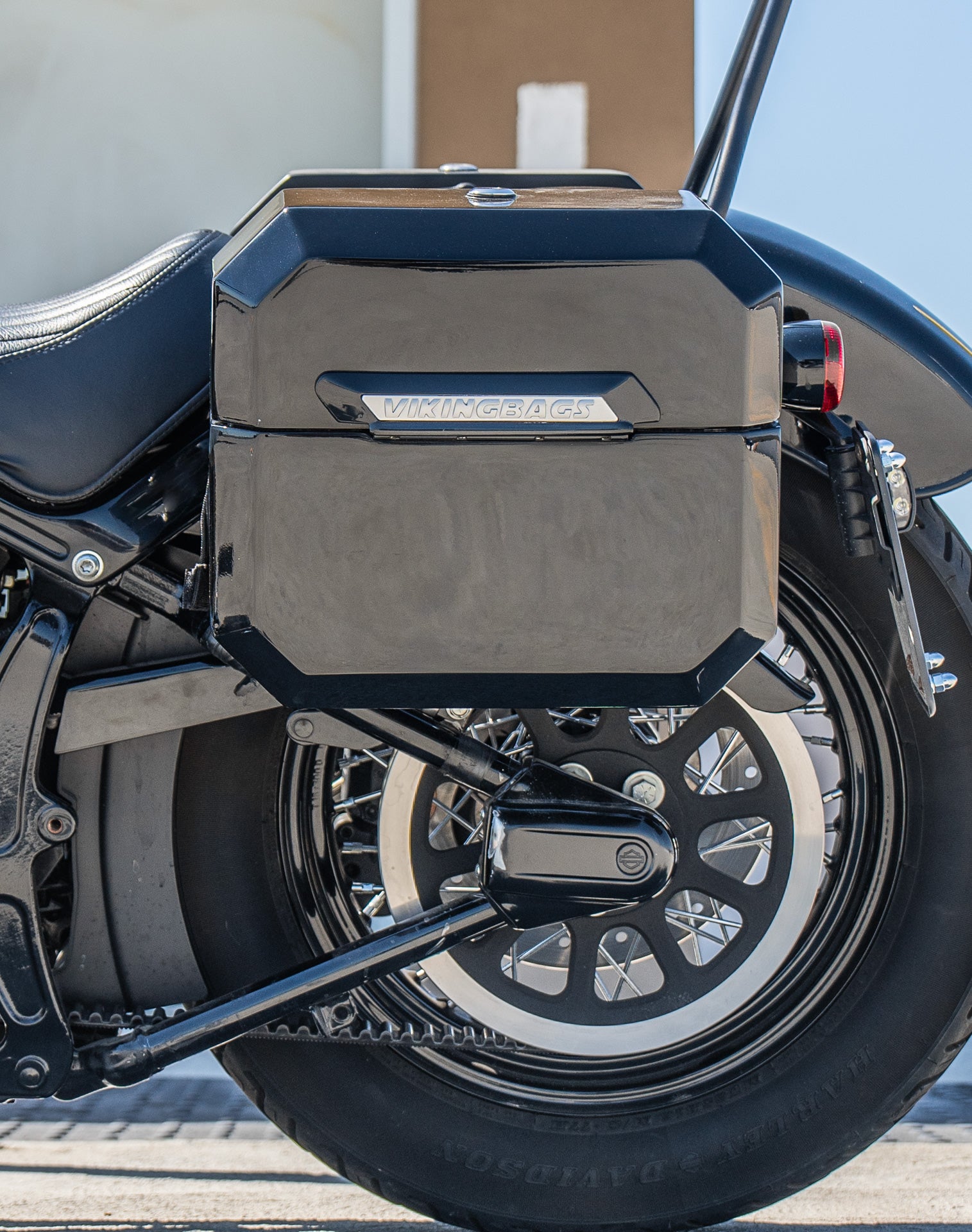 20L - Outlaw Quick-Mount Small Harley Softail Slim FLS Painted Hard Saddlebags Life Style 2