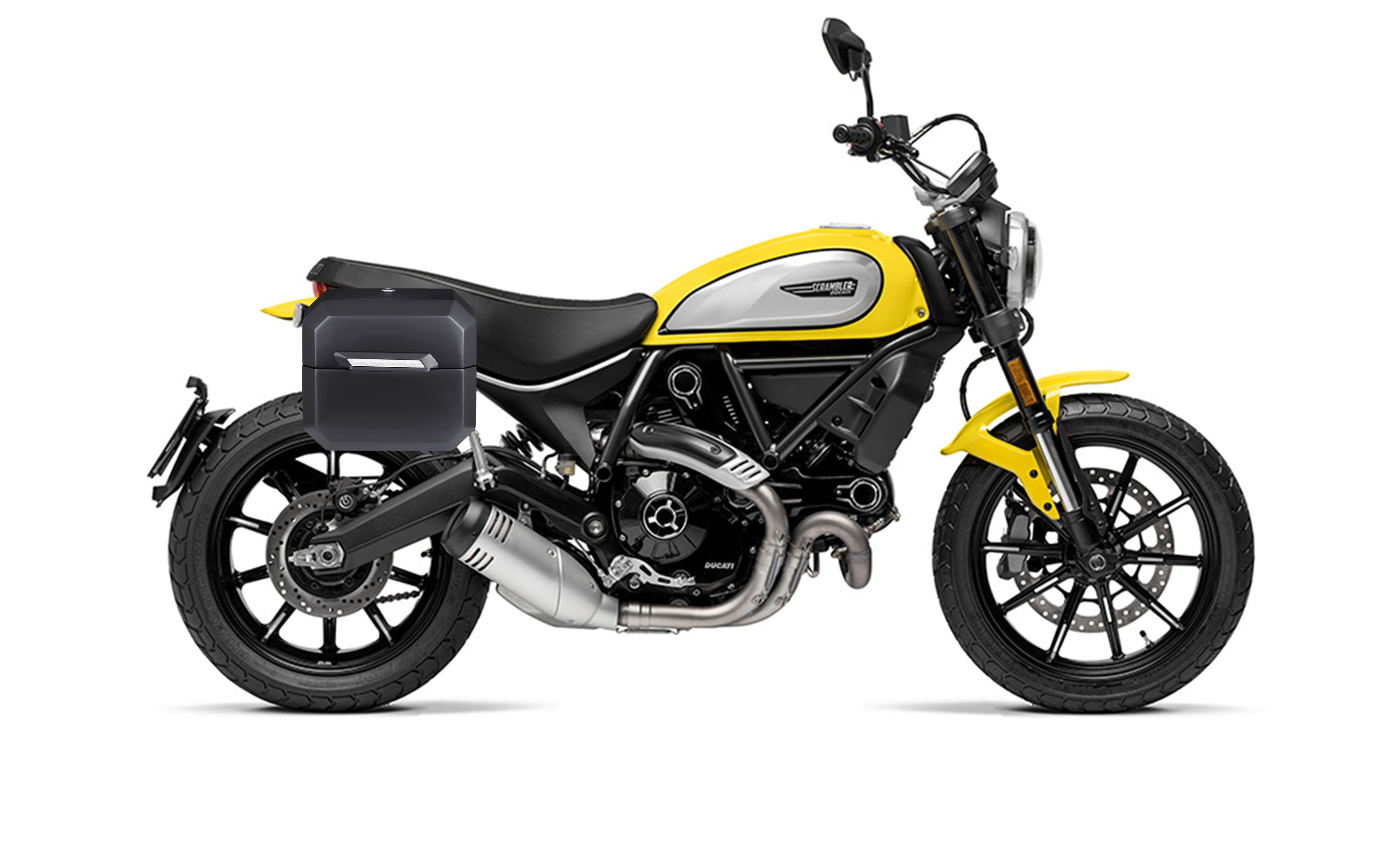 20L - Outlaw Quick-Mount Small Ducati Scrambler (2018-2022) Matte Hard Saddlebags Bag on Bike @expand