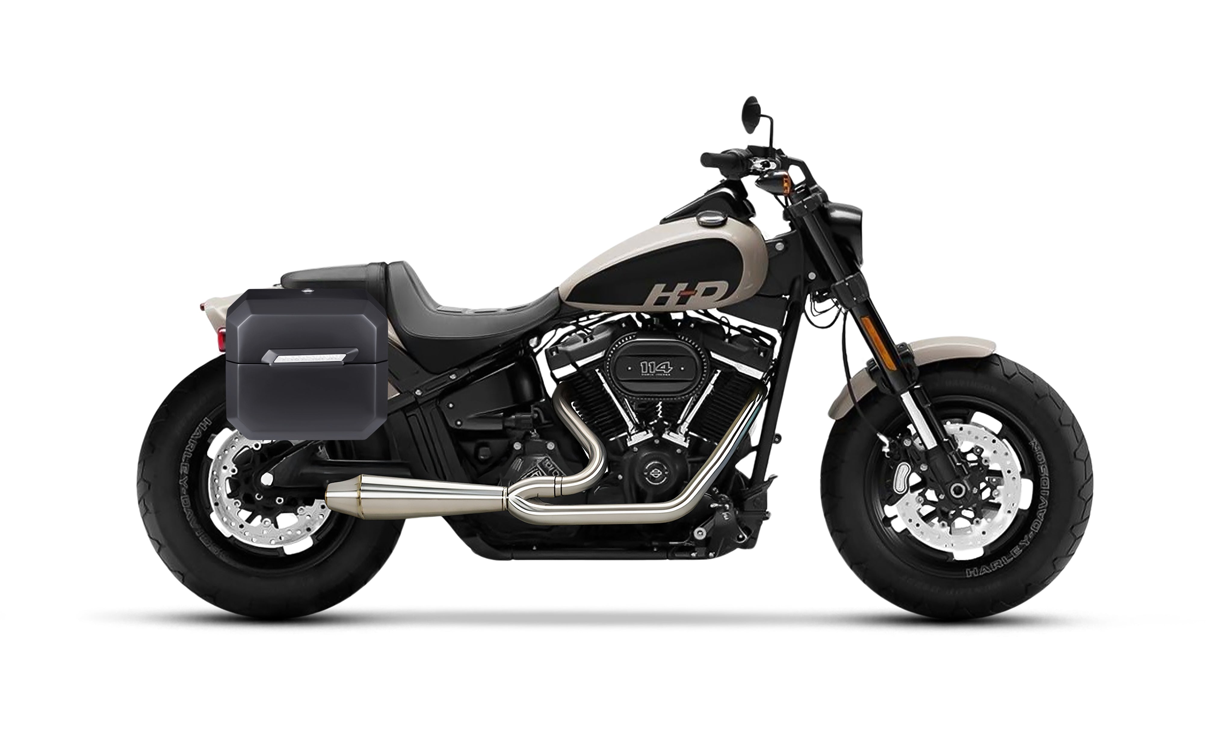 20L - Outlaw Quick-Mount Small Harley Softail Fat Bob FXFB/S Matte Hard Saddlebags Bag on Bike @expand