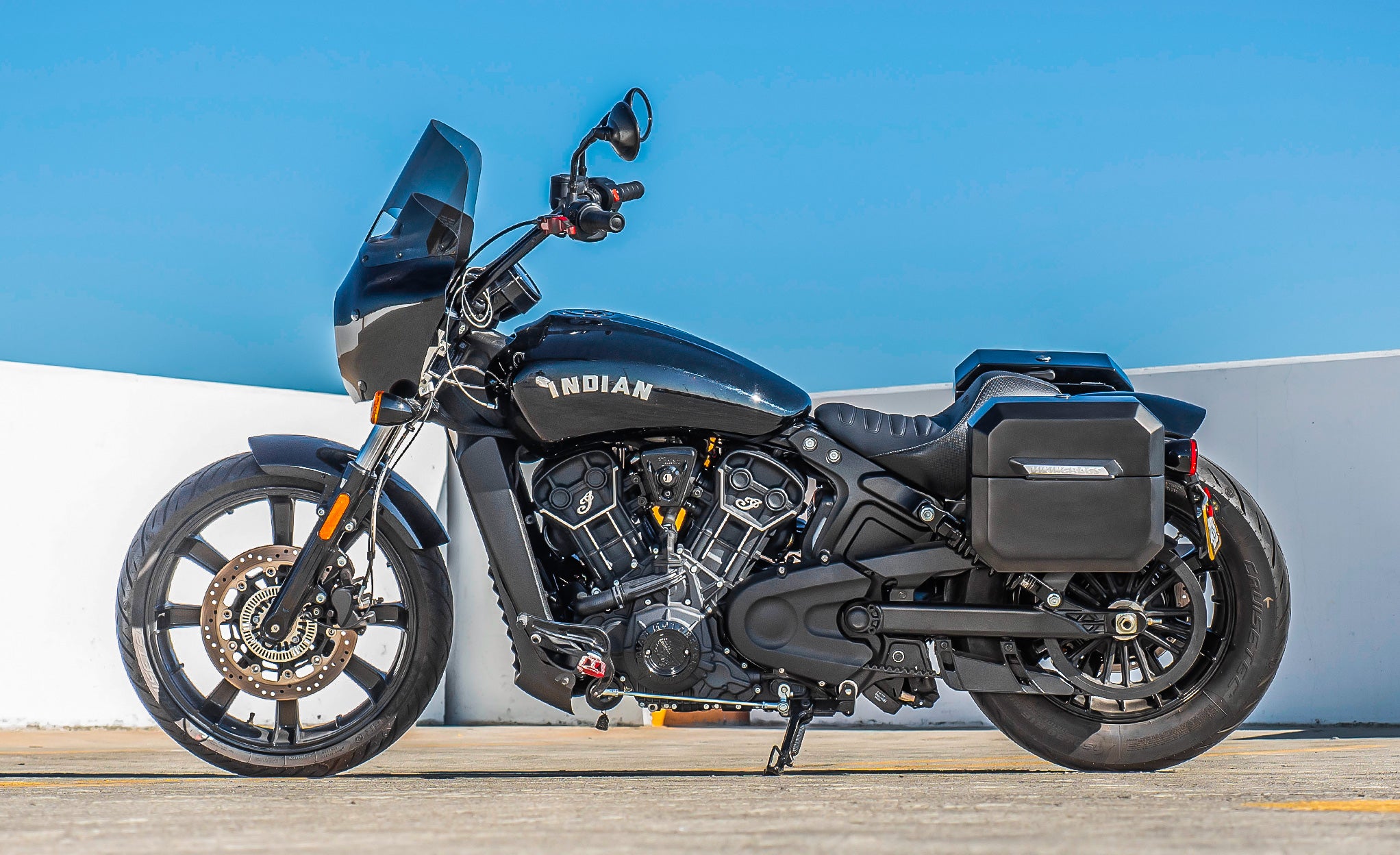 20L - Outlaw Quick-Mount Small Indian Scout Rogue Sixty Matte Hard Saddlebags Life Style Photo @expand