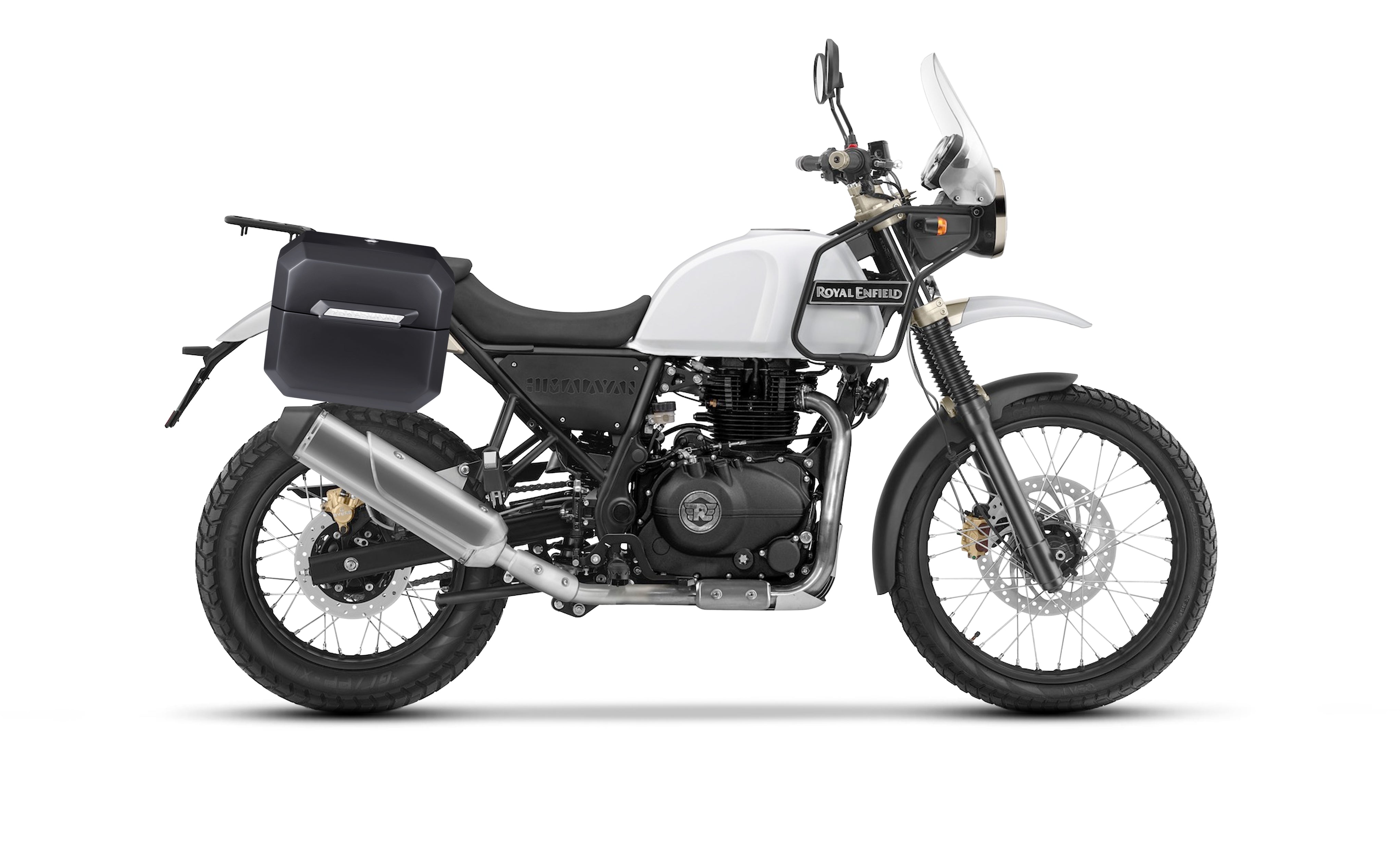 20L - Outlaw Quick-Mount Small Royal Enfield Himalayan 410 Matte Hard Saddlebags Bag on Bike @expand