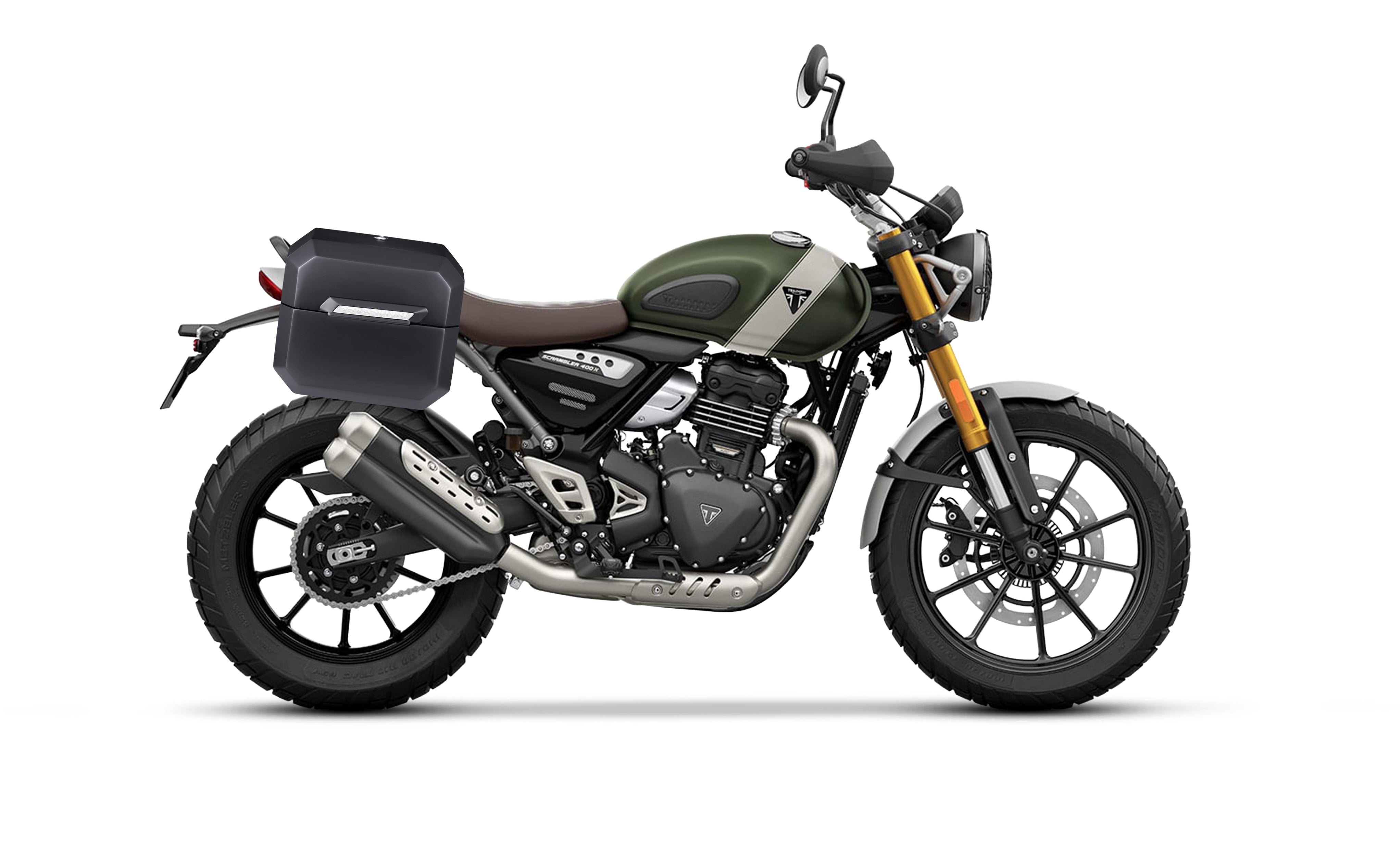20L - Outlaw Quick-Mount Small Triumph Scrambler 400 X Matte Hard Saddlebags Bag on Bike @expand